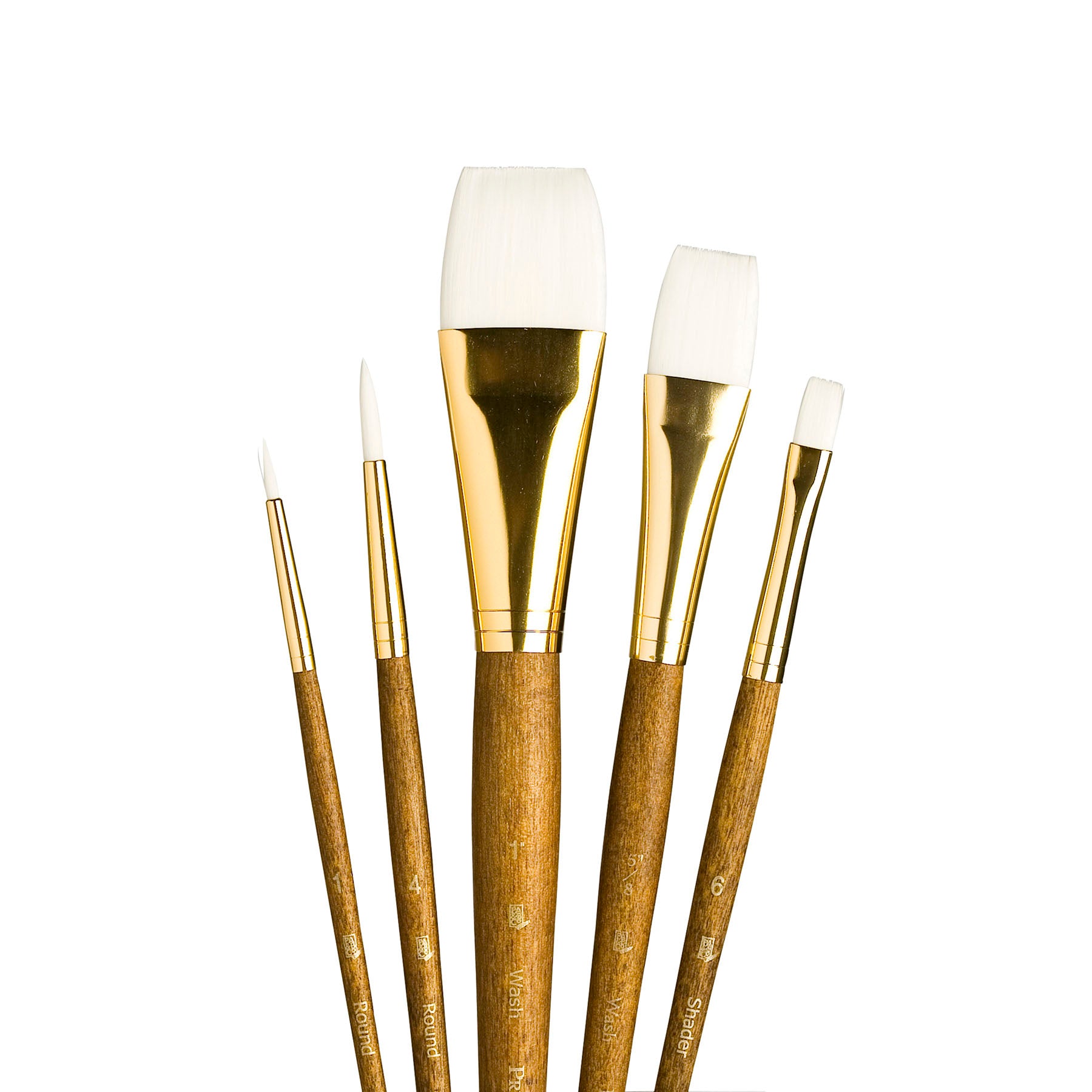 RealValue Brush Set, White Taklon Bristles, Short Handle Mixed Media Paintbrush, Brown, 5 Pieces