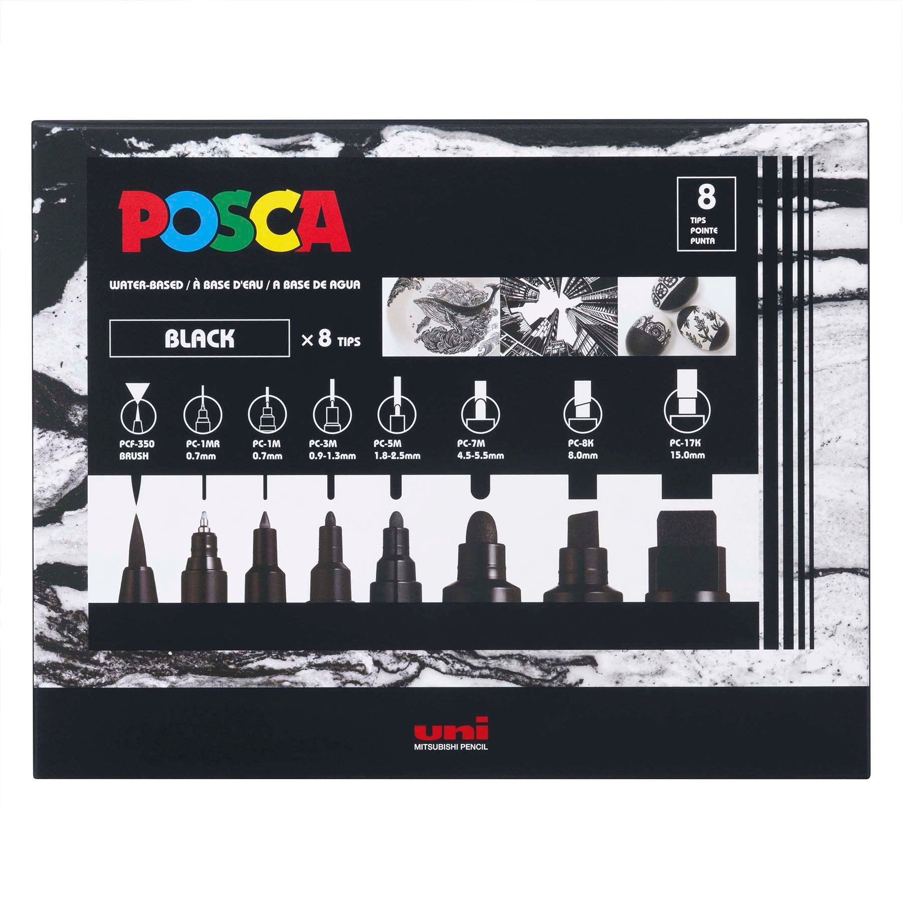 uni® POSCA PC-MIX Water-Based Paint Markers, Assorted Black Tips, 8 Pack