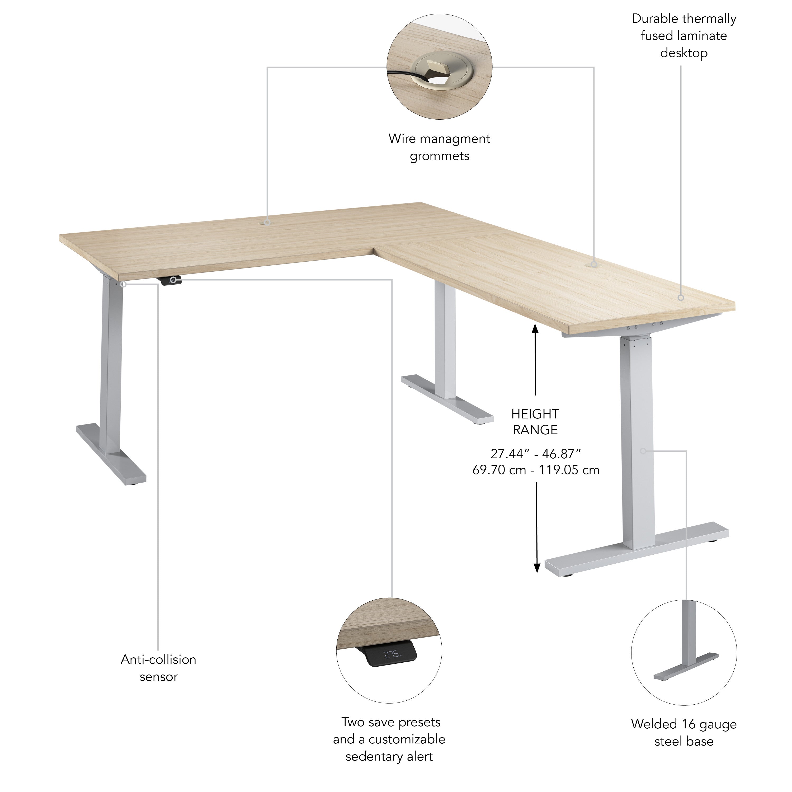 Bush Business Furniture Move 60 Series 60W Height Adjustable L Shaped Standing Desk in Natural Elm with Metallic Gray Base - 59.45" Width x 76.97" Depth x 27.44" Height