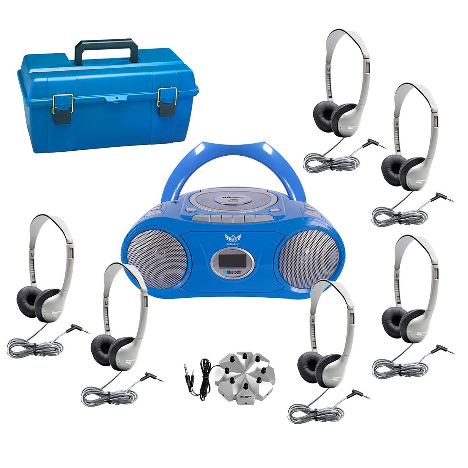 6-Station Listening Center with AudioAce™ Bluetooth® Boombox, 6 SchoolMate Personal-Sized Headphones, Jackbox & Carry Case