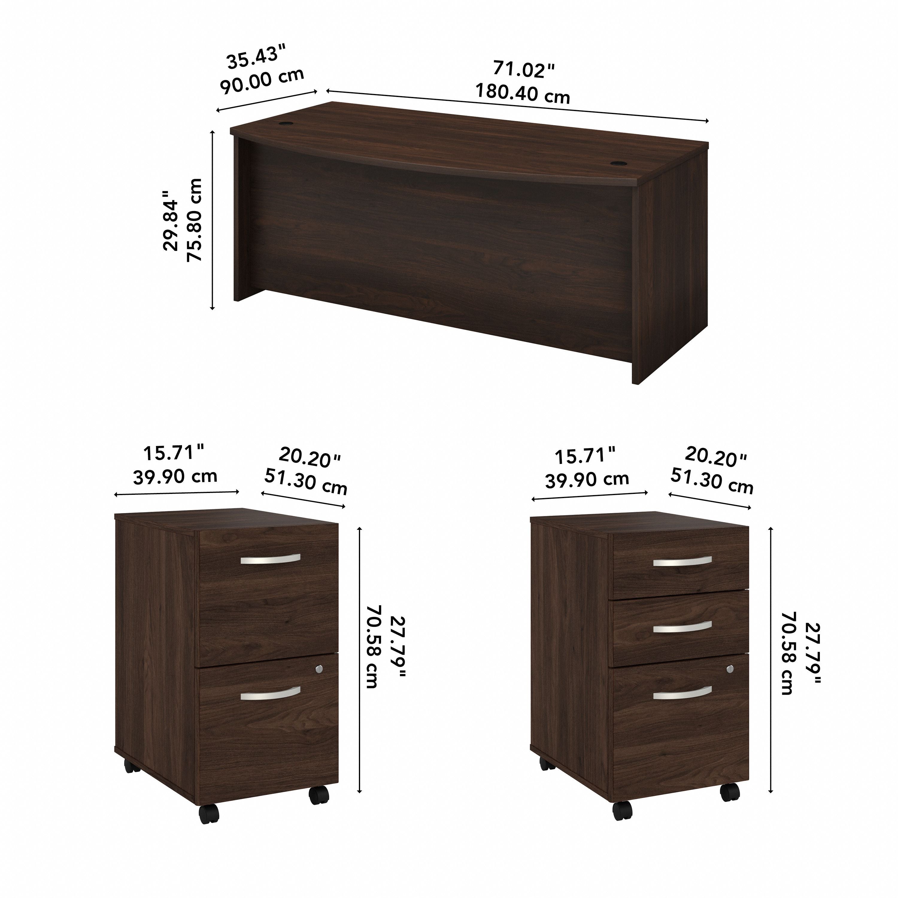 Bush Business Furniture Studio C 72W x 36D Bow Front Desk with Mobile File Cabinets in Black Walnut - 71.02" Width x 35.43" Depth x 29.84" Height