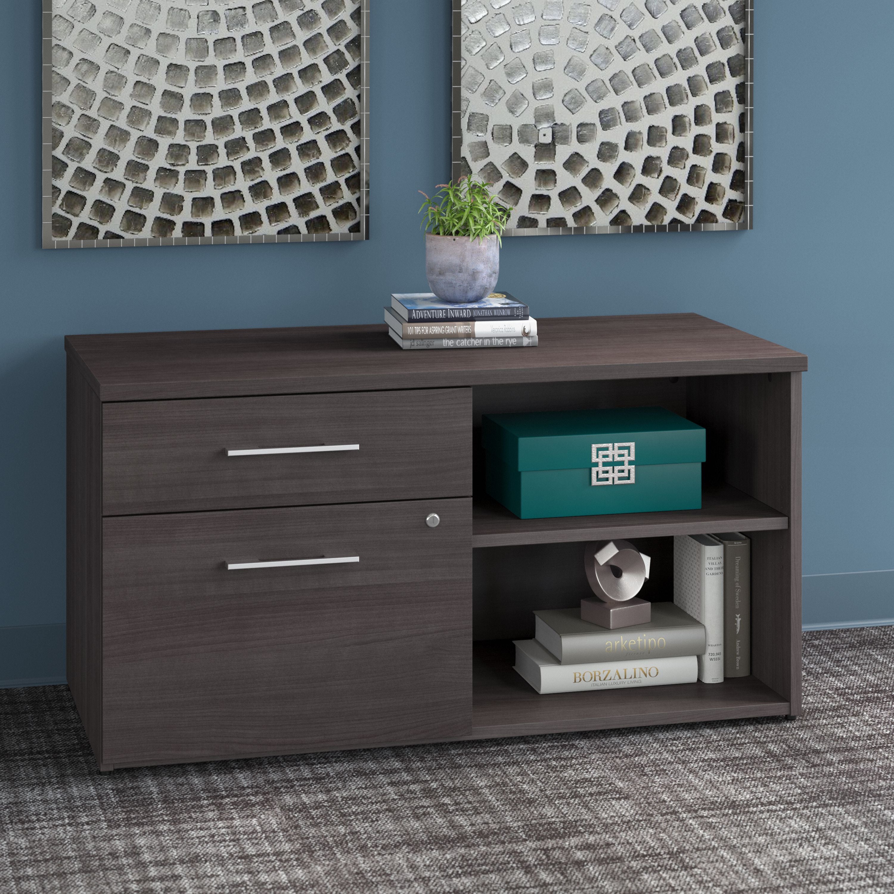 Bush Business Furniture Office 500 Low Storage Cabinet with Drawers and Shelves in Storm Gray - 44.21" Width x 20.59" Depth x 23.2" Height
