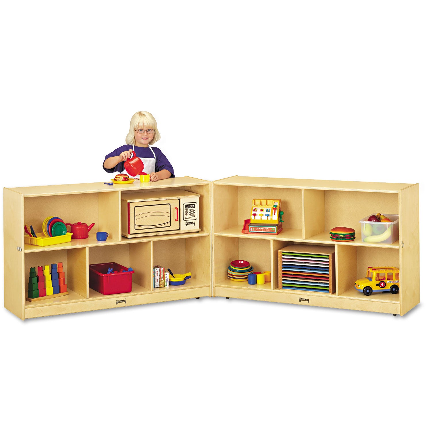 Jonti-Craft Mobile Fold-n-Lock Open Shelf Unit - 29.50" Height x 96" Width x 15" Depth - Floor - Foldable, Lockable, Stain Resistant, Sturdy - White - Baltic Birch Plywood - 1 Each
