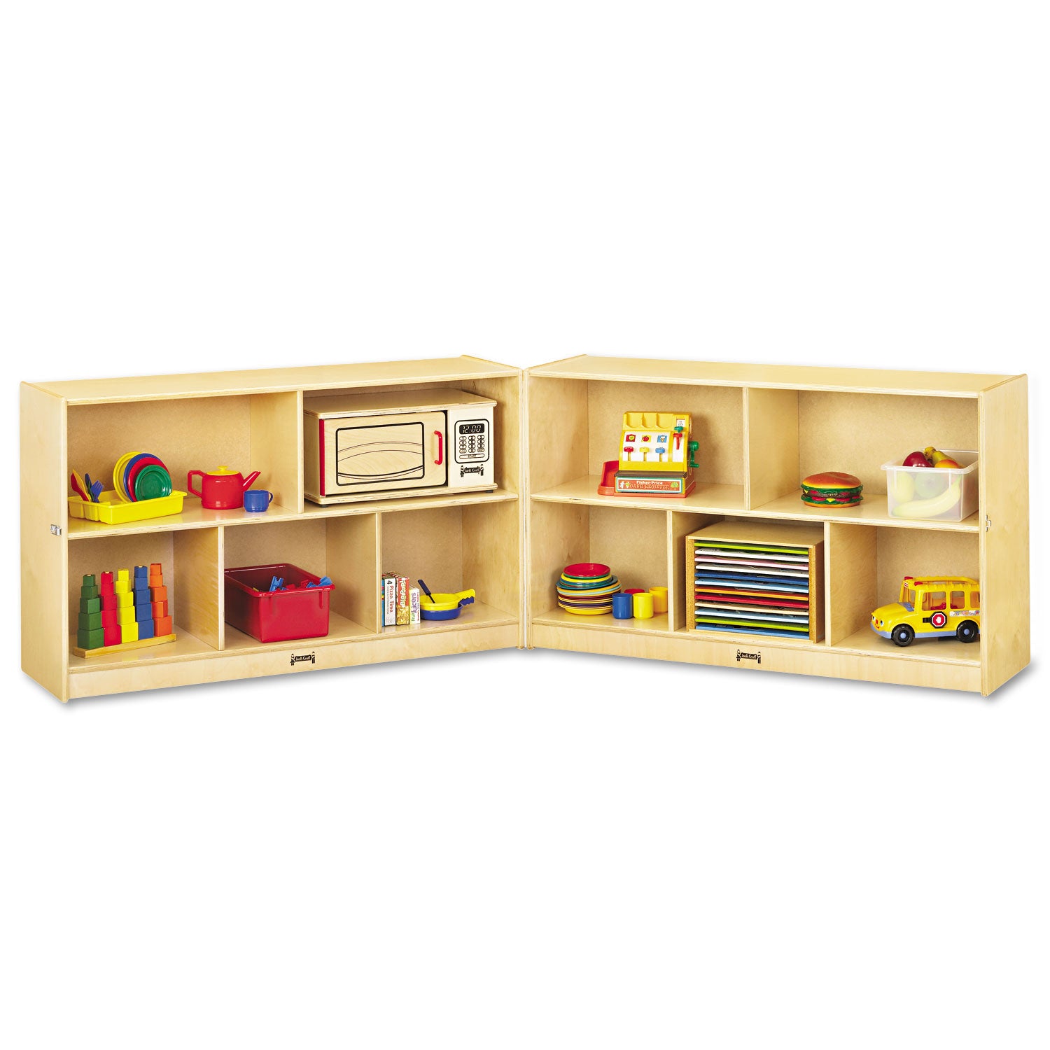 Jonti-Craft Mobile Fold-n-Lock Open Shelf Unit - 29.50" Height x 96" Width x 15" Depth - Floor - Foldable, Lockable, Stain Resistant, Sturdy - White - Baltic Birch Plywood - 1 Each