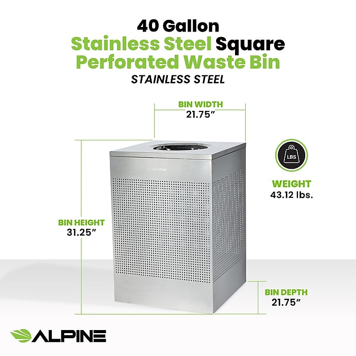 40 Gallon Stainless Steel Square Perforated Decorative Waste Receptacle