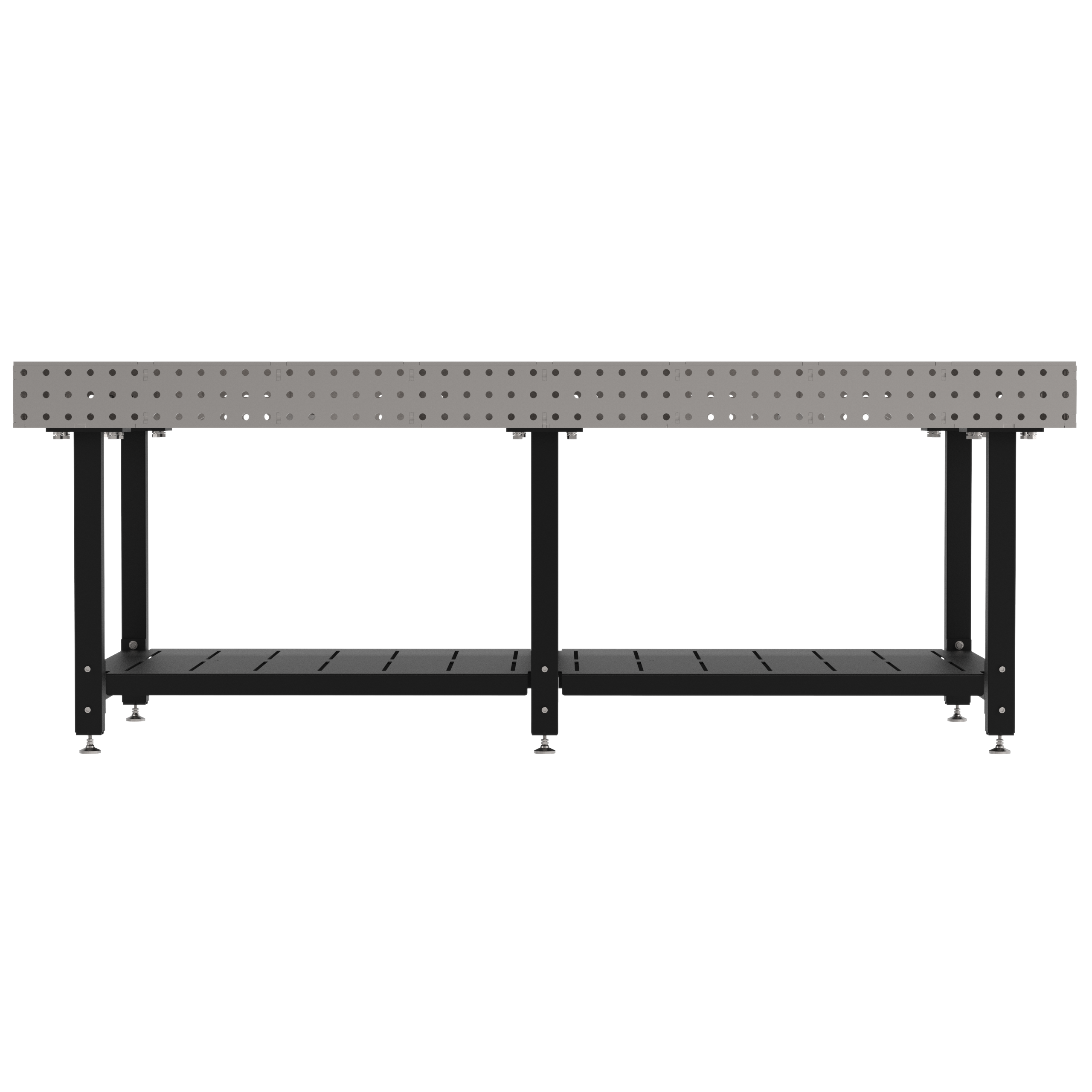 Welding Fixture Table, Fixed Height, 36"H x 96"L x 48"D, 1/4" Carbon Steel Top, Six Black Powdercoat Legs, Shelf, Self-Leveling Feet