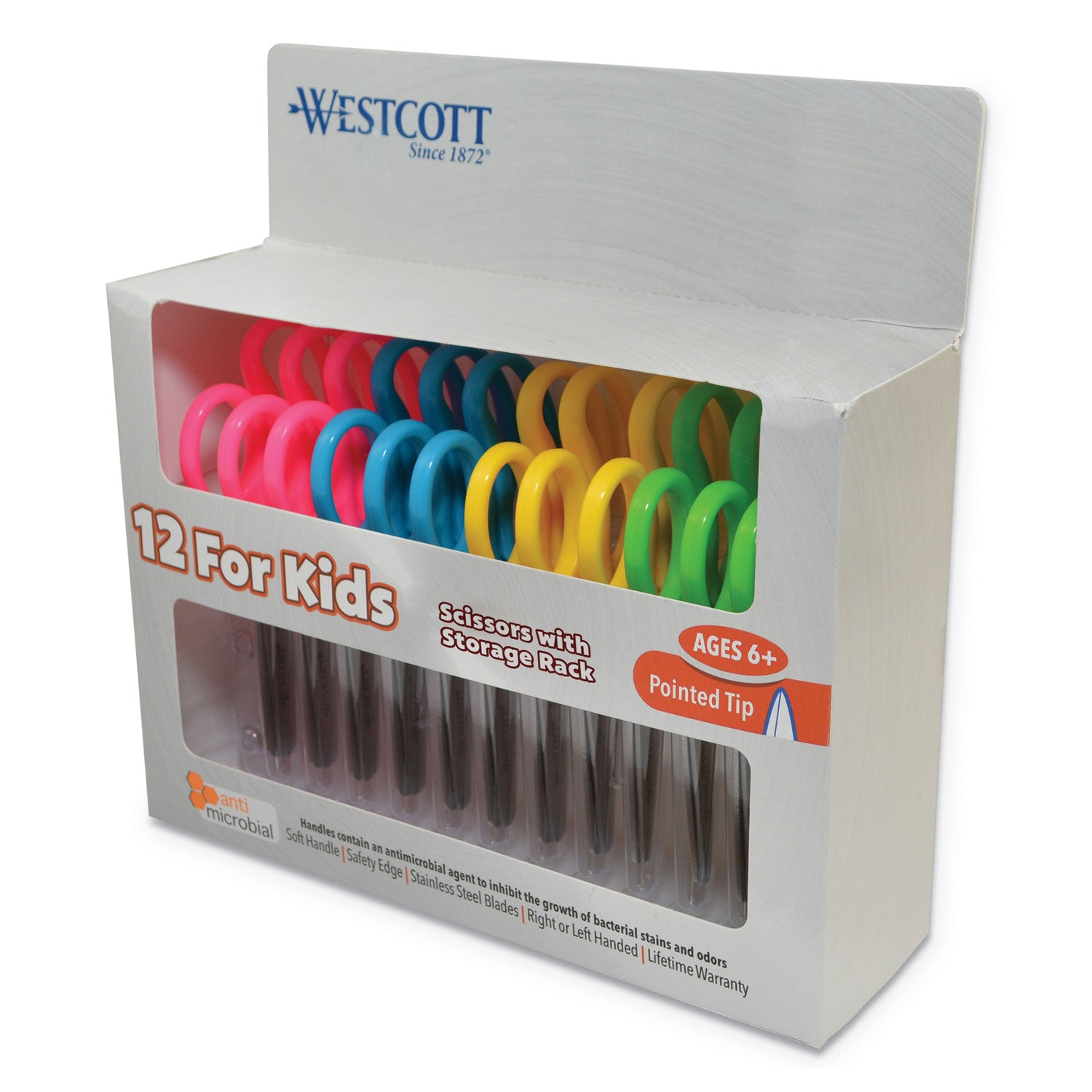 Kids Pointed 5" Scissors with Storage Rack, Anti-Microbial Protection, Assorted Colors, Set of 12