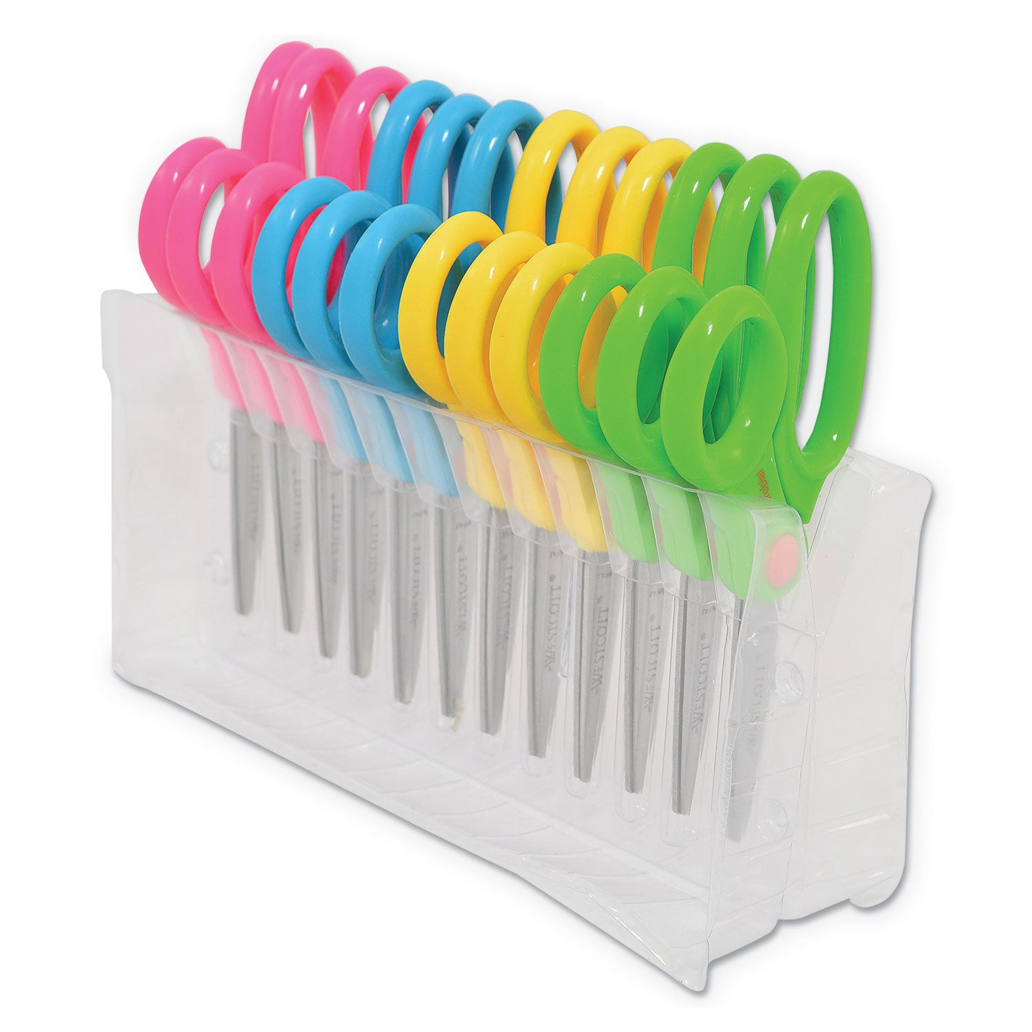 Kids Pointed 5" Scissors with Storage Rack, Anti-Microbial Protection, Assorted Colors, Set of 12