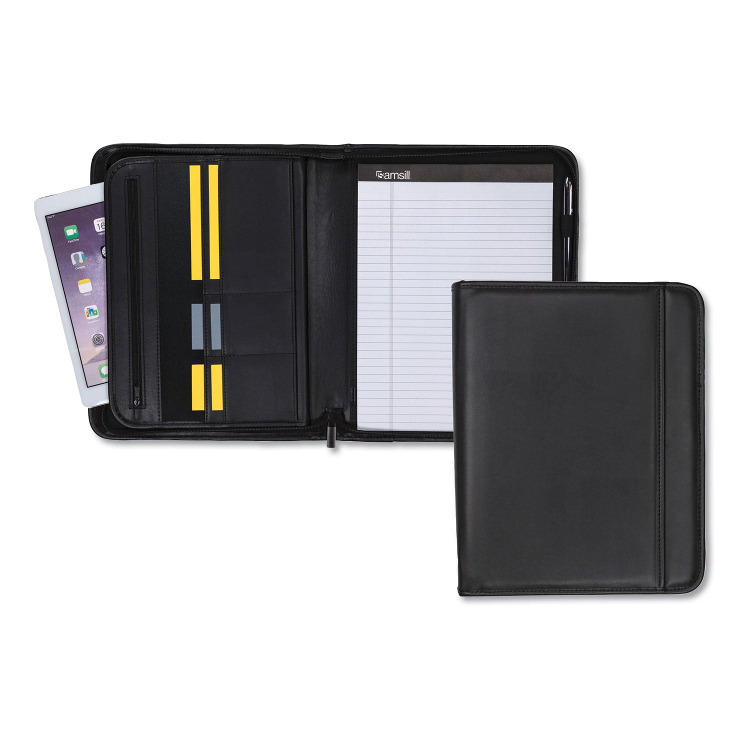Samsill Letter Pad Folio - 8 1/2" x 11" - 6 Exterior, Internal Pocket(s) - Vinyl, Polyvinyl Chloride (PVC) - Black - Tablet Pocket, Zipper Closure, Wrap-around - 1 Each