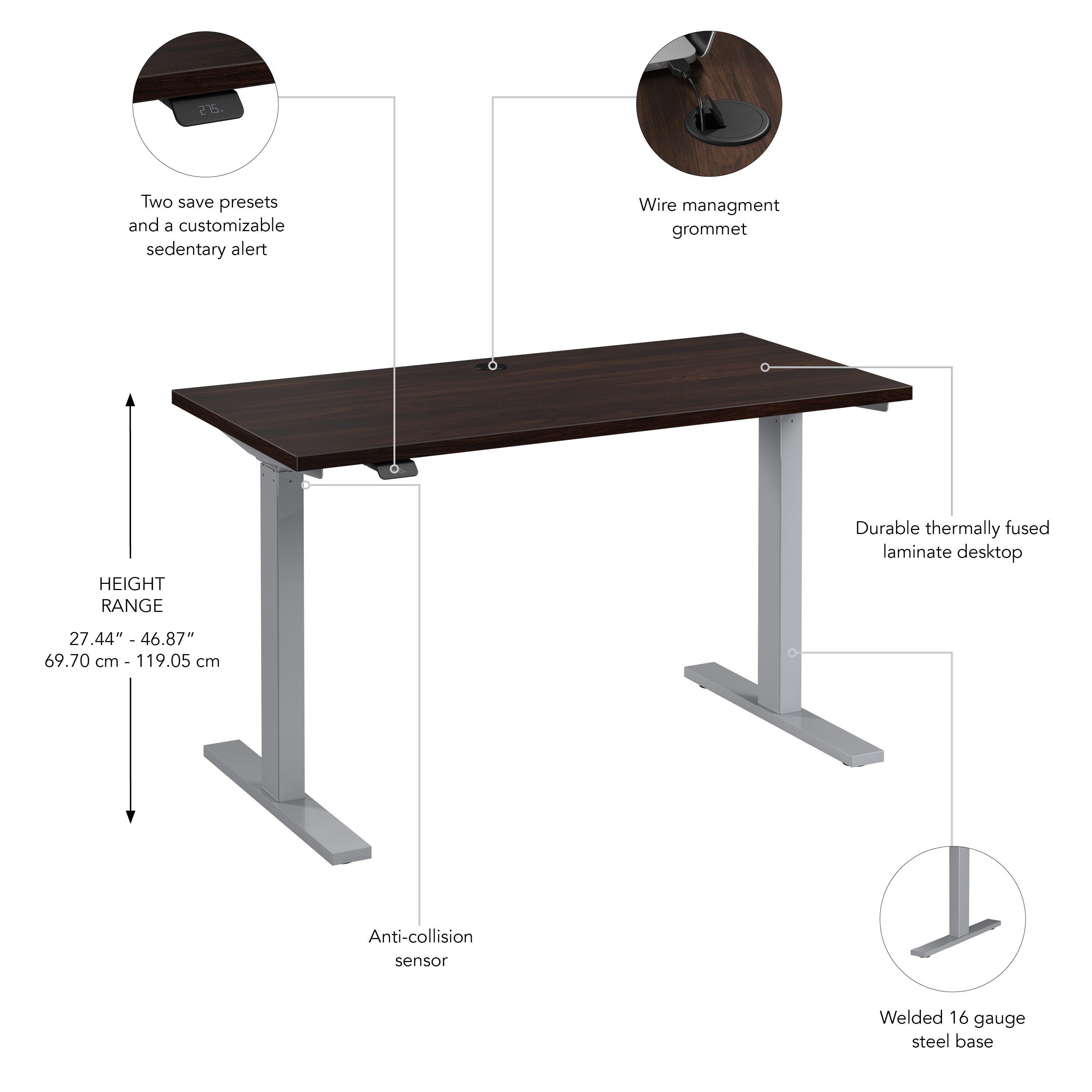 Bush Business Furniture Move 60 Series 48W x 24D Electric Height Adjustable Standing Desk in Black Walnut with Metallic Gray Base - 47.6" Width x 23.62" Depth x 47.69" Height