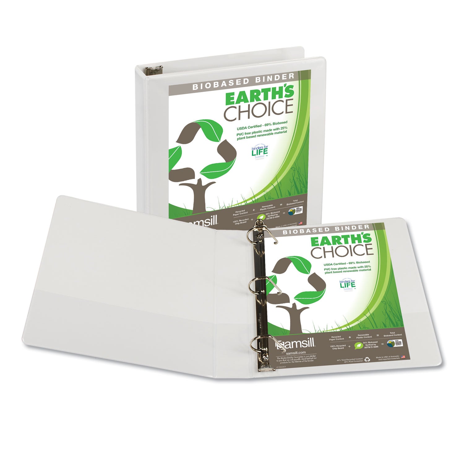 Samsill Earth's Choice Plant-based Durable View Binder, 1 1/2" D-Ring, Letter Size, 350 Sheet Capacity, 2 Pockets, White, 1 Each