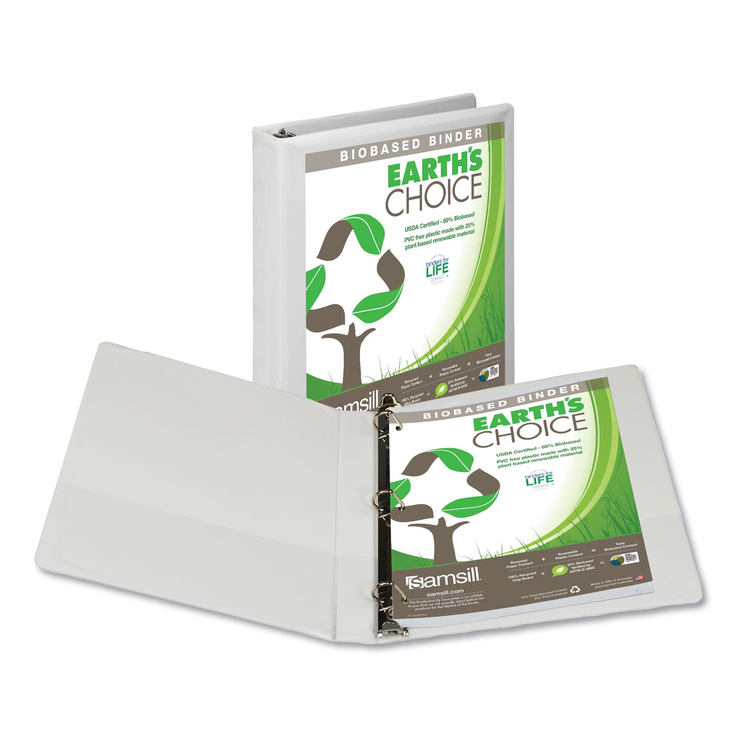 Samsill Earth's Choice Plant-based Durable View Binder, 1" D-Ring, Letter Size, 225 Sheet Capacity, 2 Pockets, White, 1 Each