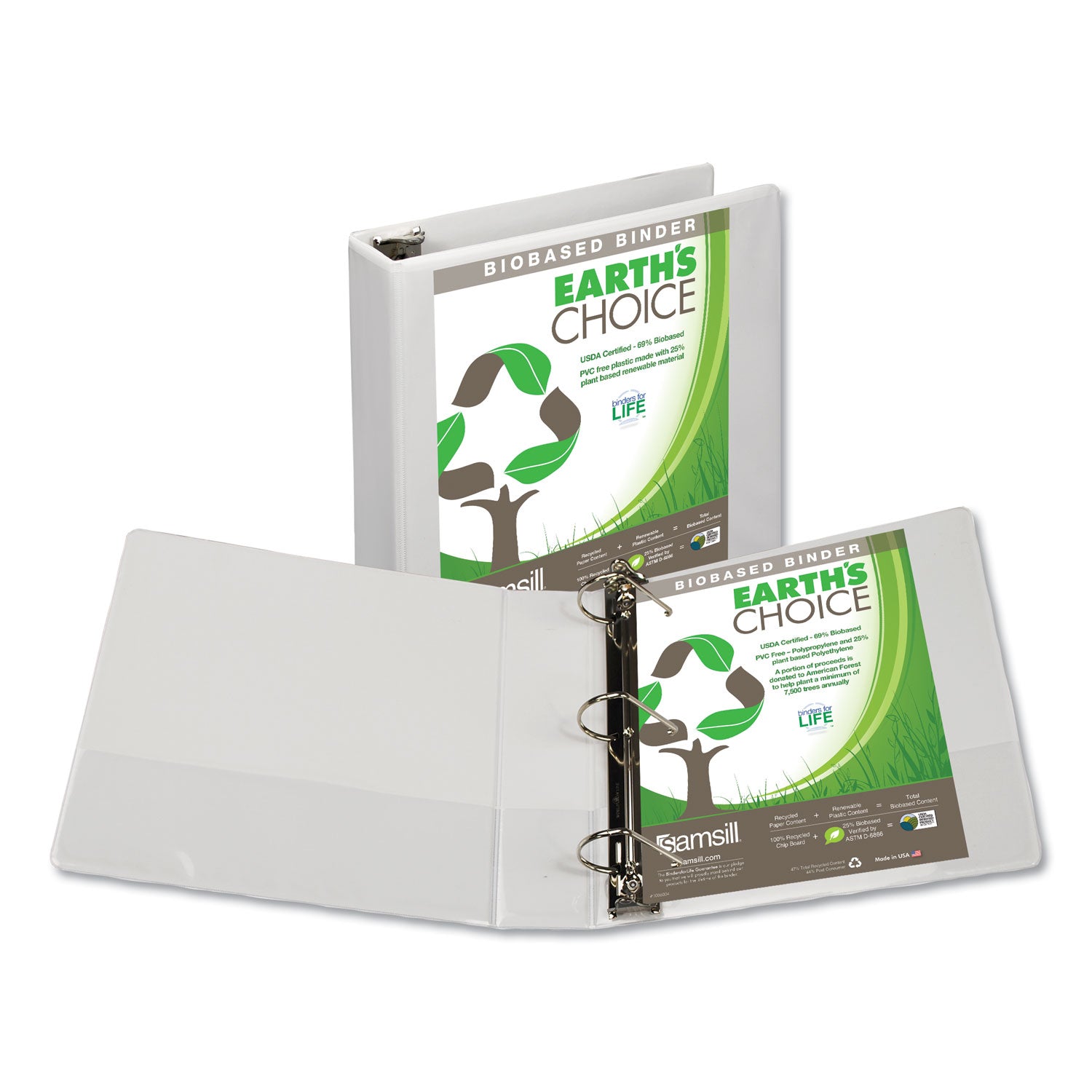 Samsill Earth's Choice Plant-based Durable View Binder, 2" D-Ring, Letter Size, 475 Sheet Capacity, 2 Pockets, White, Archival-safe, Clear Overlay, Acid-free, PVC-free, Customizable Spine/Cover, 1 Each