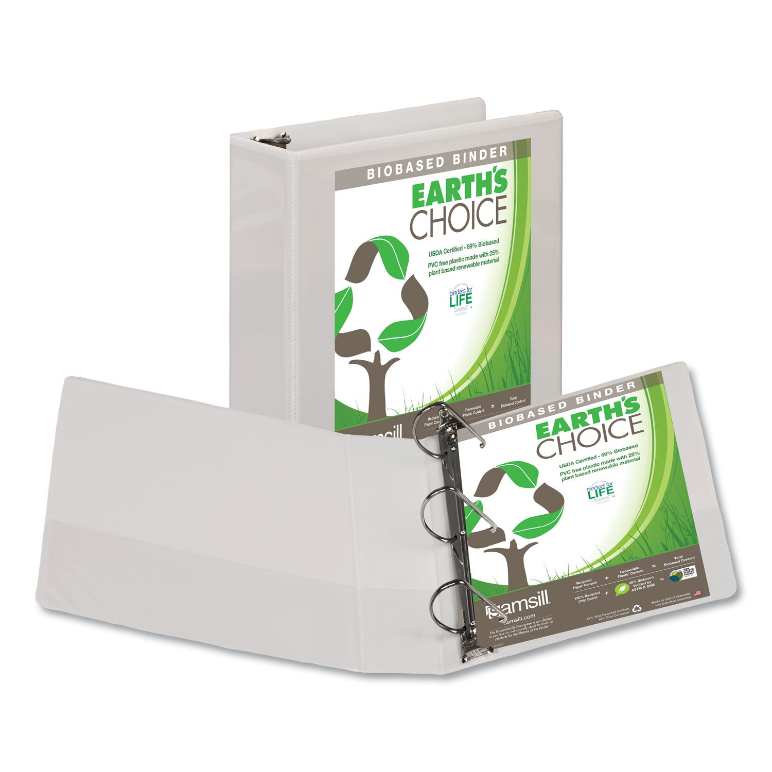 Samsill Earth's Choice Plant-based Durable View Binder, 3" D-Ring, Letter Size, 625 Sheet Capacity, 2 Pockets, White, 1 Each