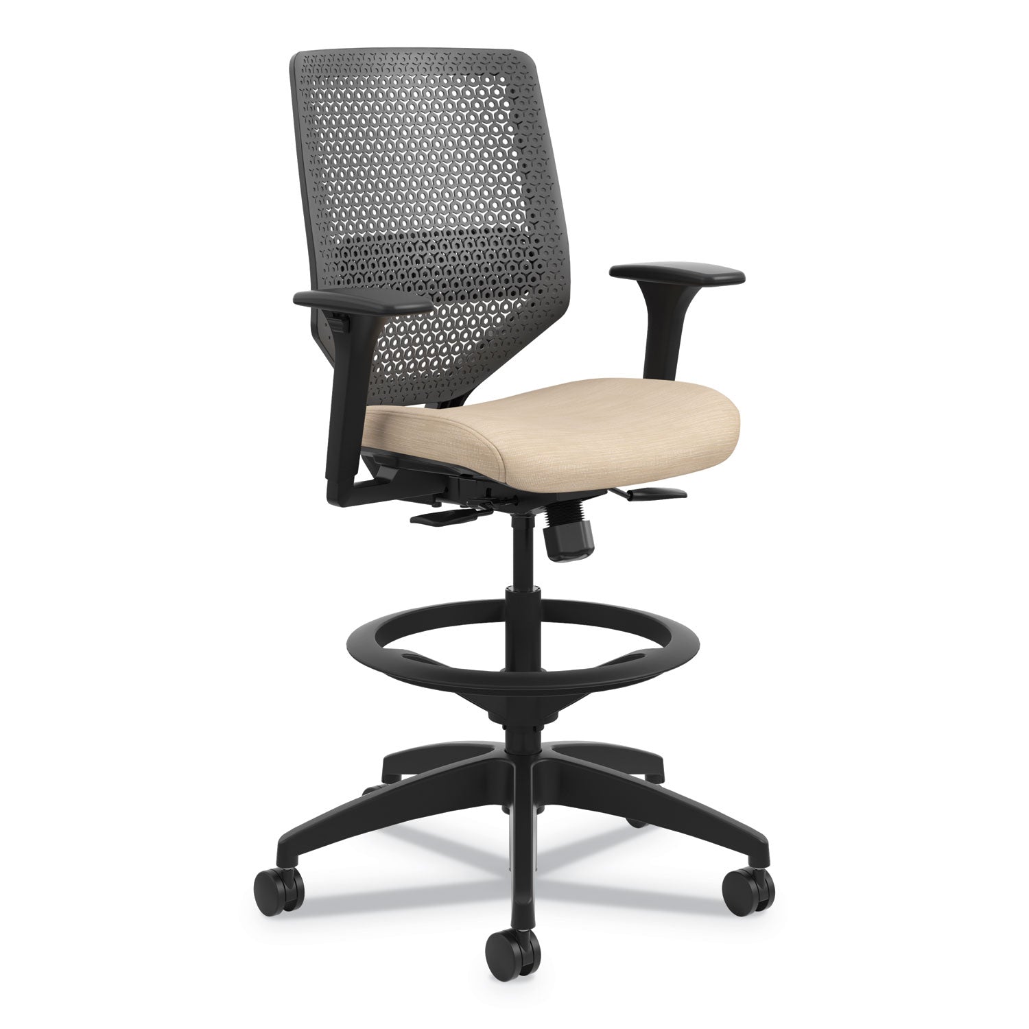 HON Solve Sitting Stool - Fabric Seat Material - Charcoal Back Color - Mesh Back Material - Black Frame Color - Mid Back - 5-star Base - Putty - 1 Each