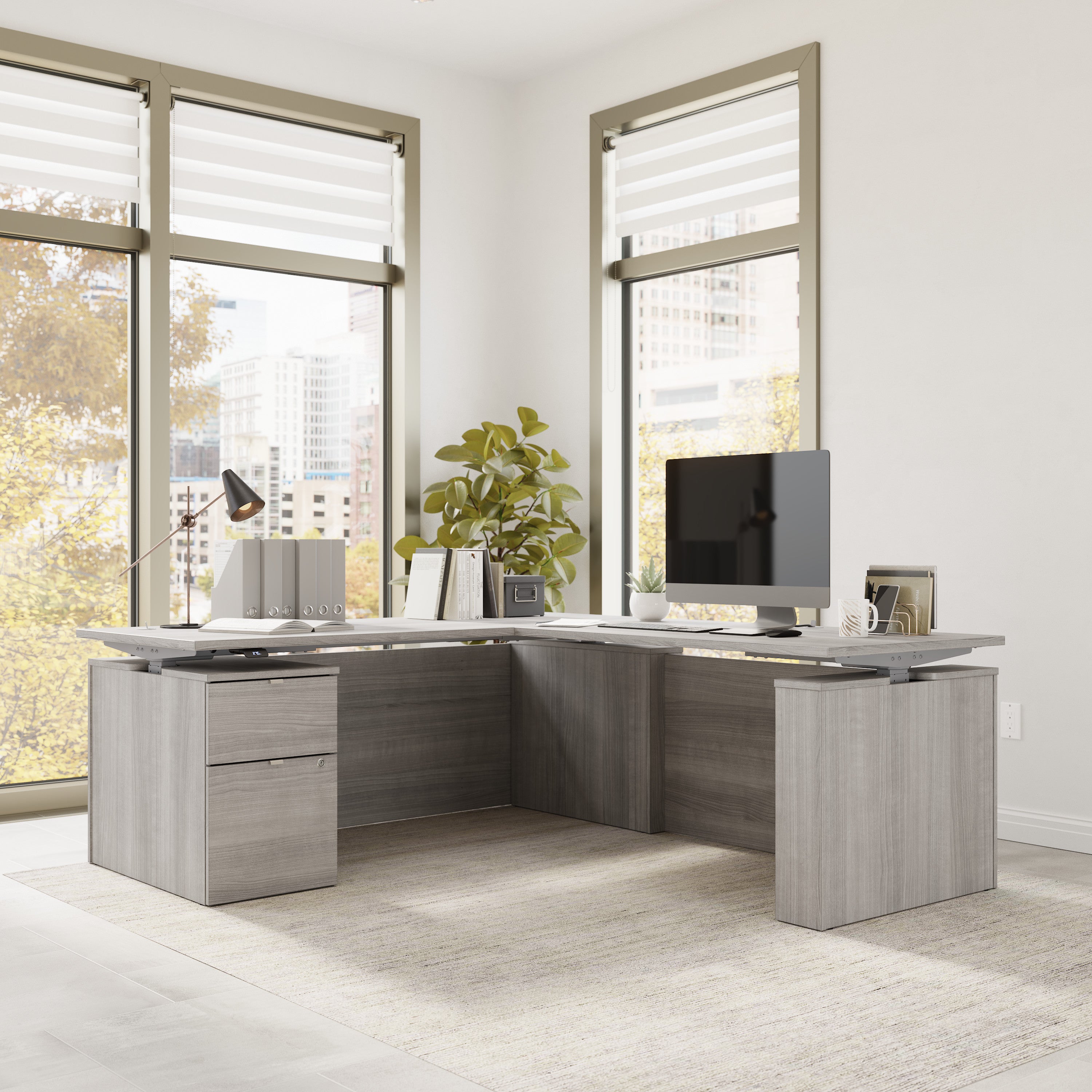 Bush Business Furniture Stratus&nbsp;72W x&nbsp;78D Height Adjustable L Shaped Standing Desk with File Cabinet in Platinum Gray with Metallic Gray Base - 71.02" Width x 76.97" Depth x 27.44" Height