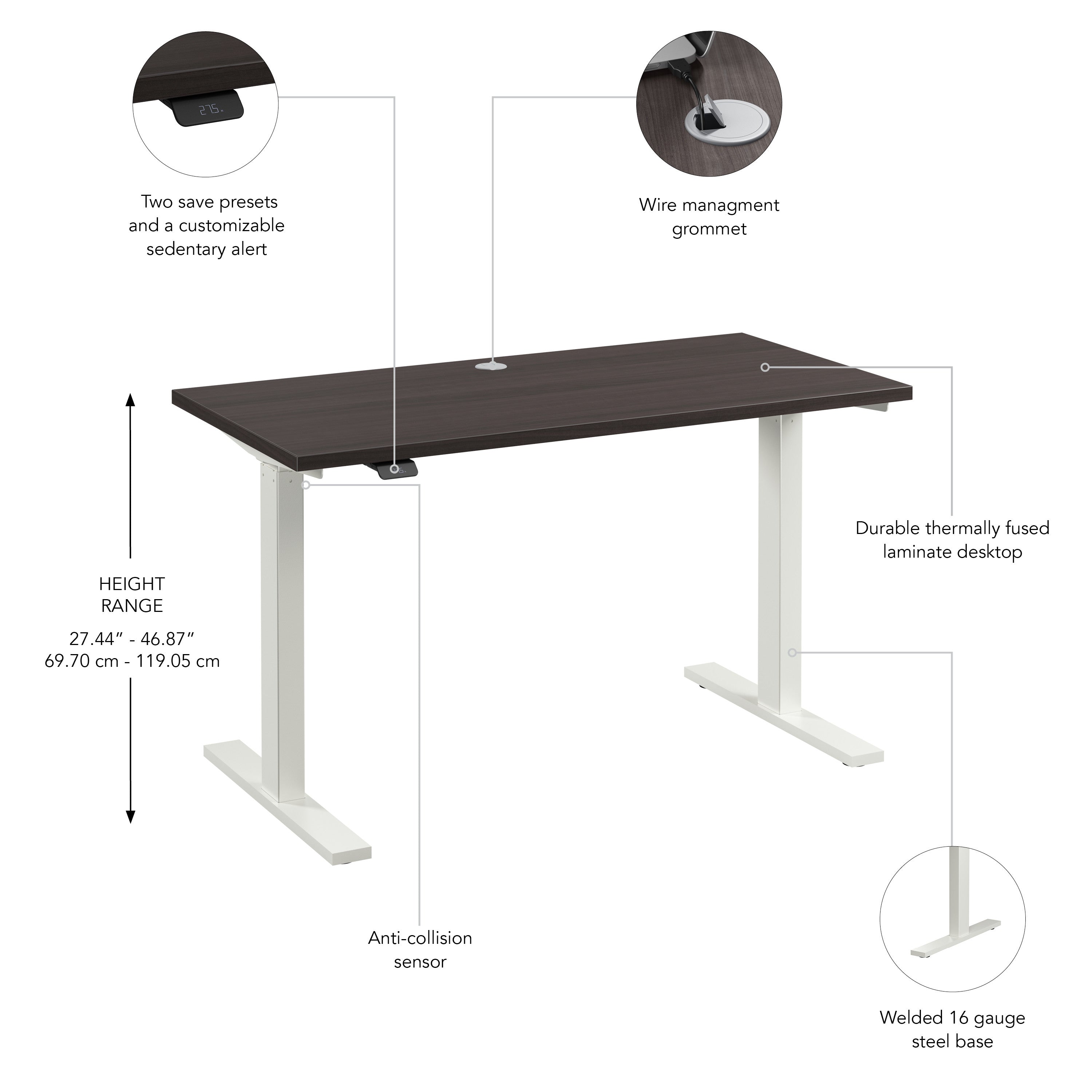 Bush Business Furniture Move 60 Series 48W x 24D Electric Height Adjustable Standing Desk in Storm Gray with White Base - 47.6" Width x 23.62" Depth x 27.44" Height