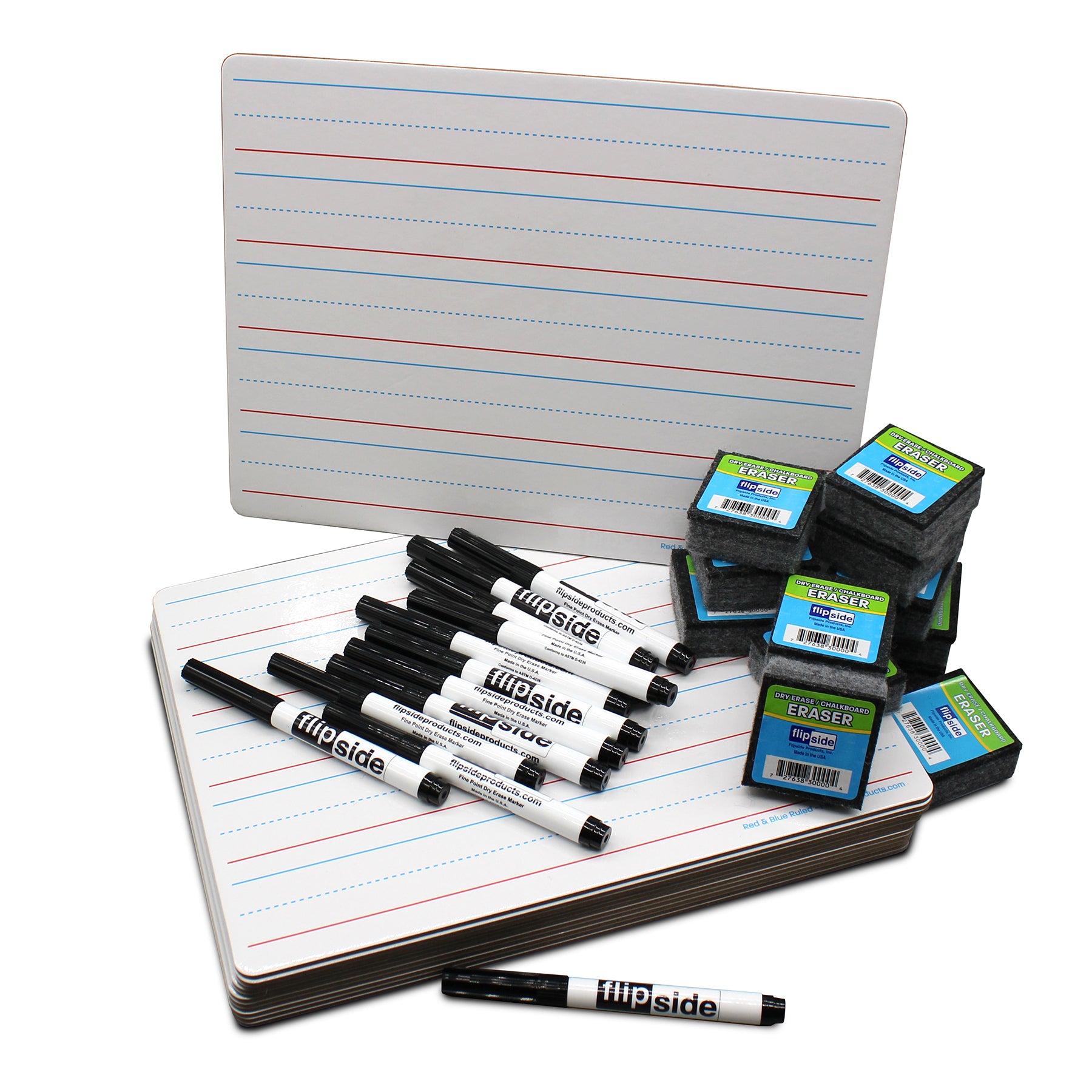 Red & Blue Ruled/Dry Erase Dual Sided Board + Pen + Student Eraser Set, 12 Sets