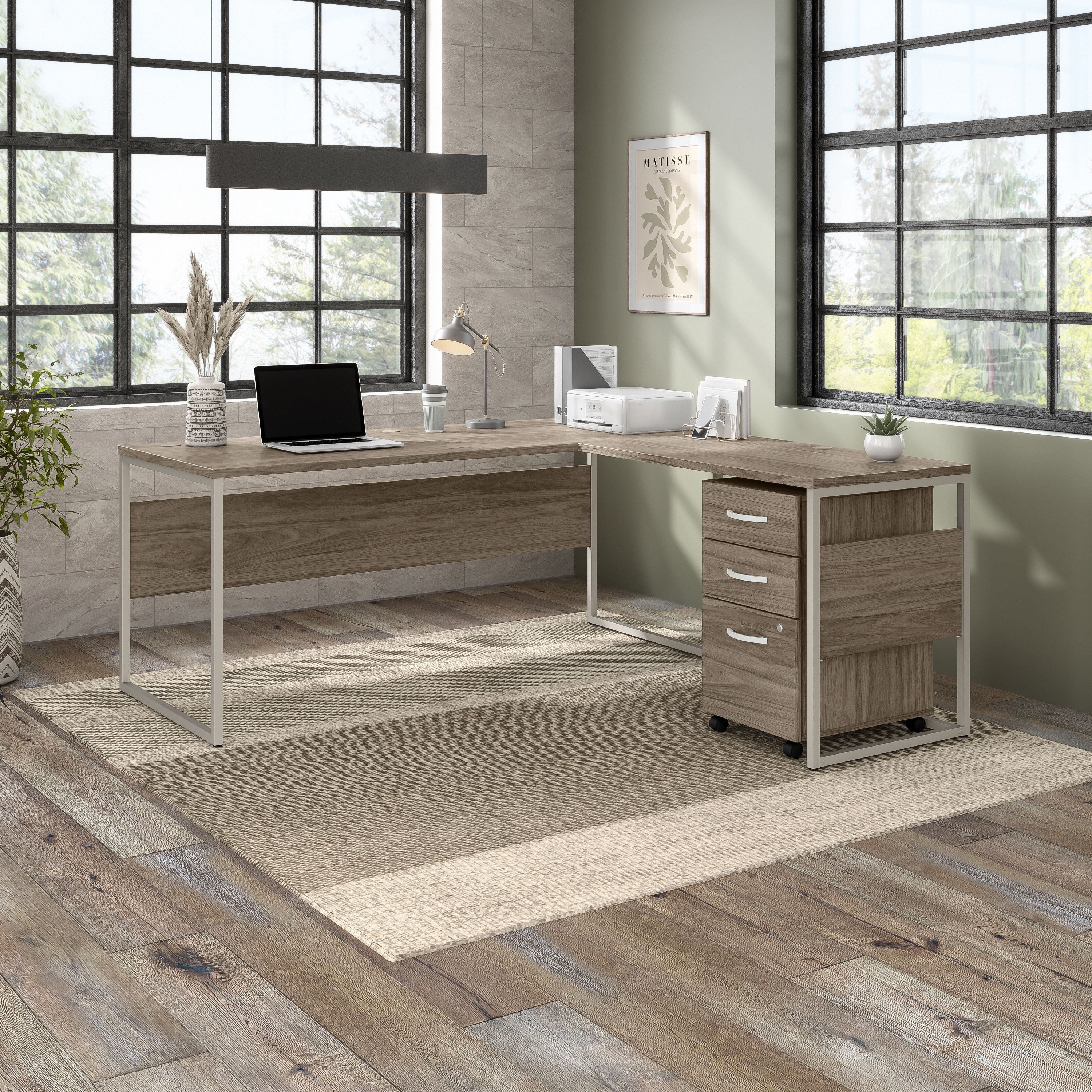 Bush Business Furniture Hybrid 72W x 30D L Shaped Table Desk with Mobile File Cabinet in Modern Hickory - 71.02" Width x 71.34" Depth x 29.91" Height