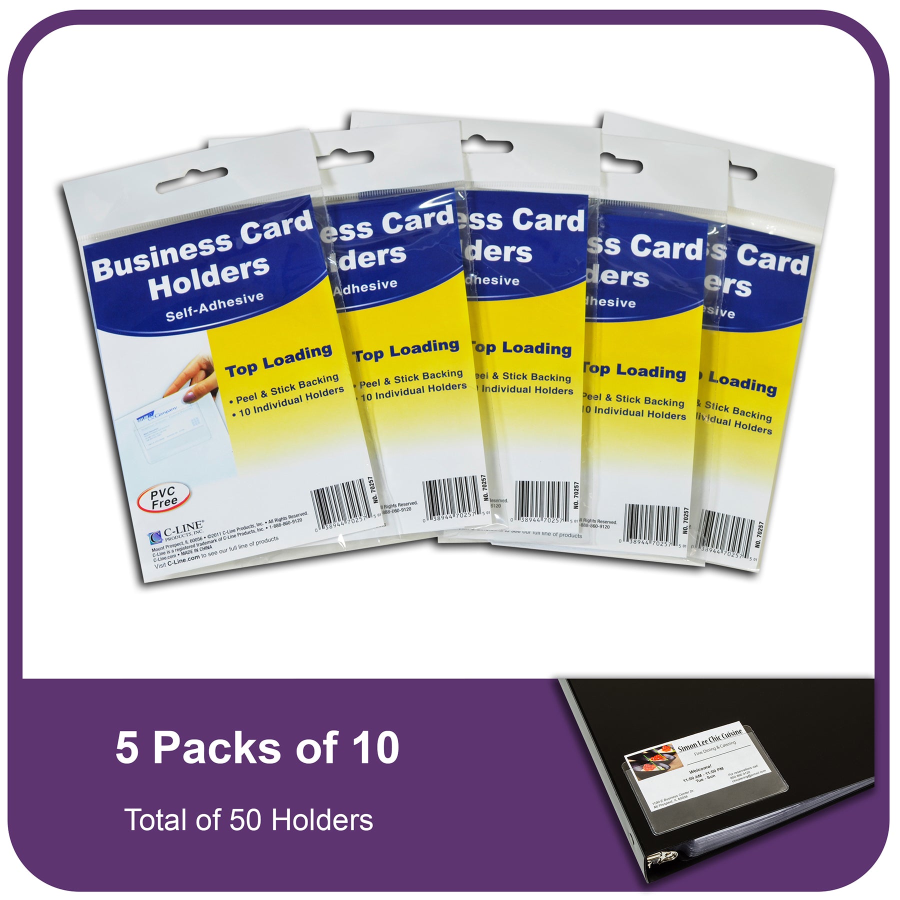 Self-Adhesive Business Card Holder, Top Load, 2 x 3-1/2, Pack of 10
