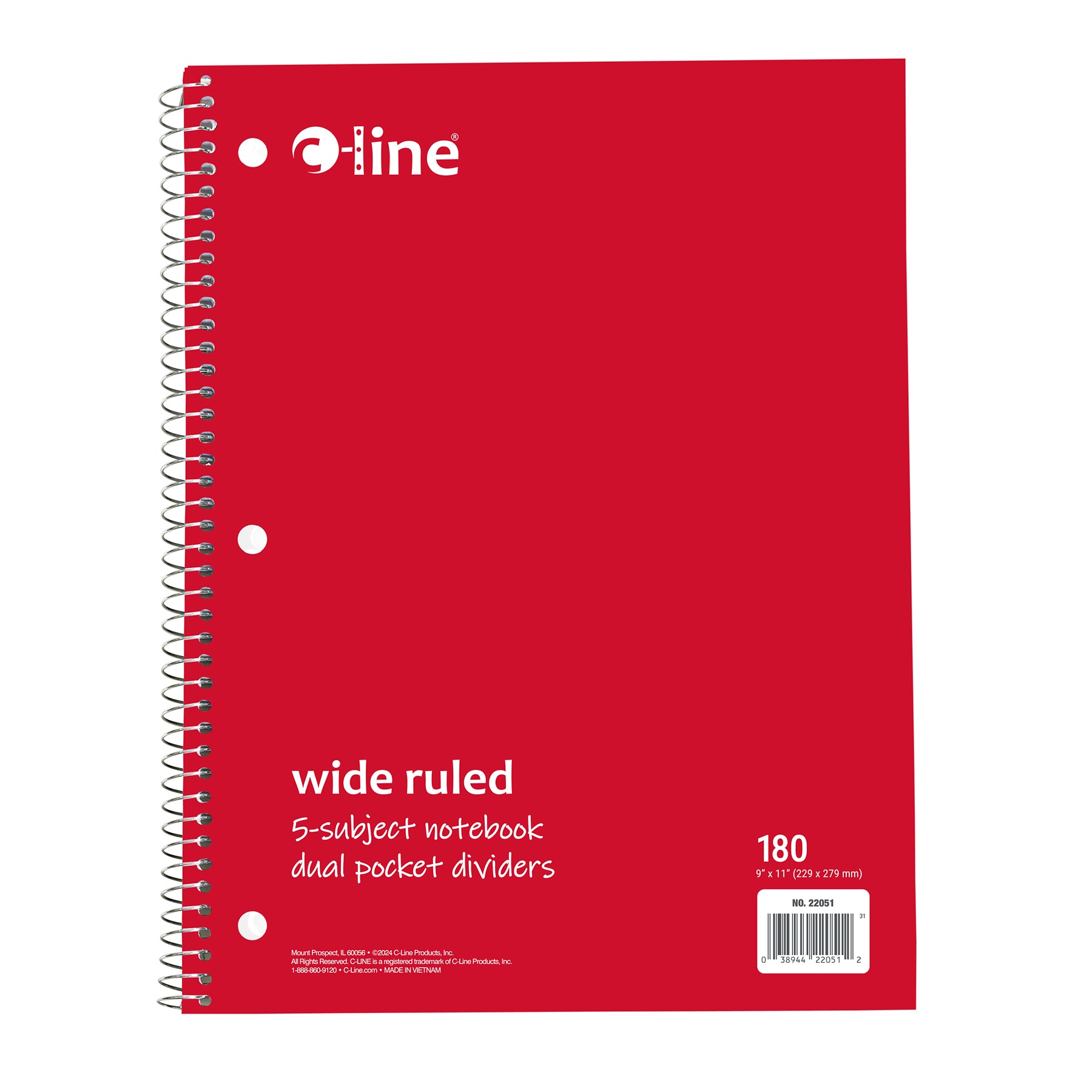 5-Subject Notebook, Wide Ruled, 180 Sheets, Assorted Colors