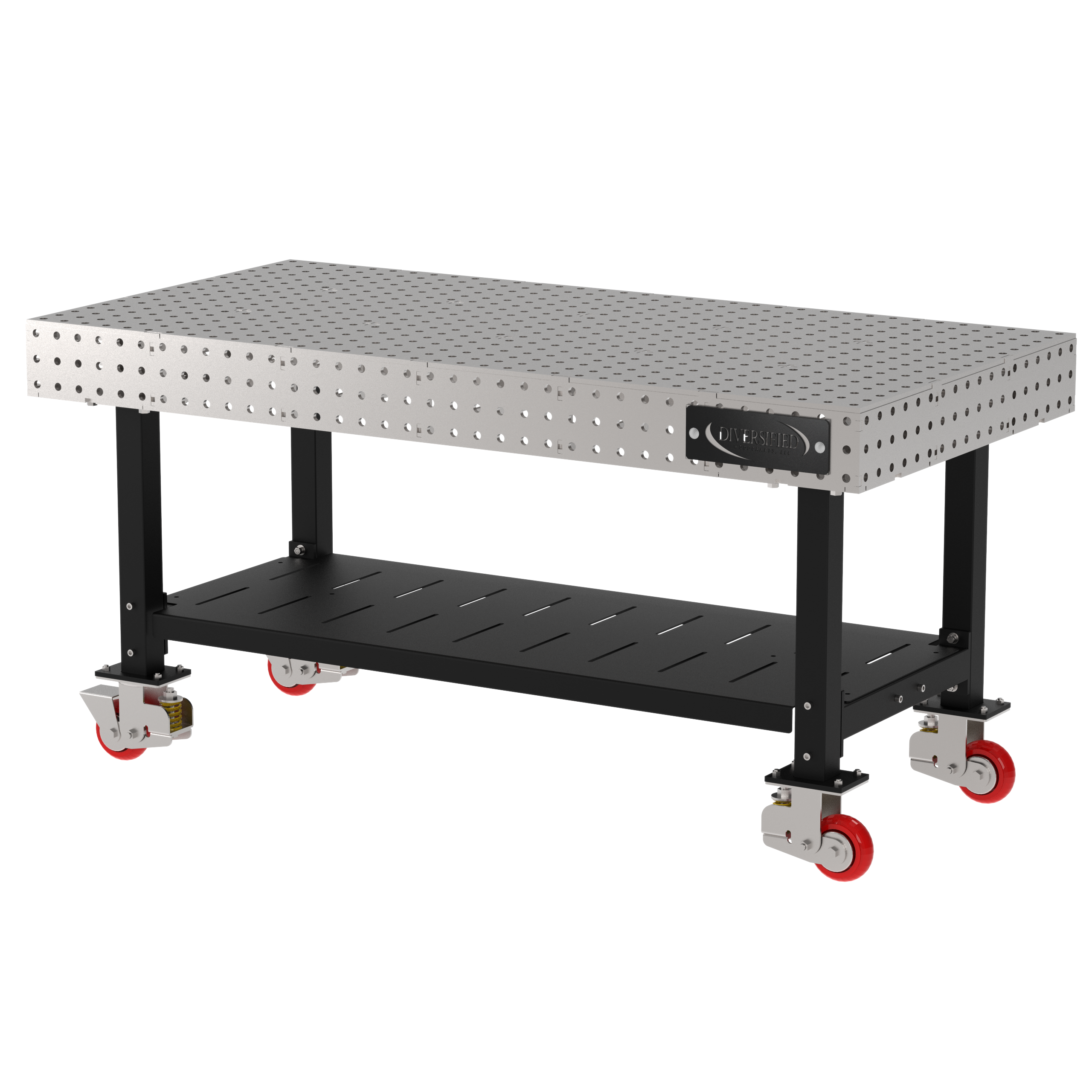 Welding Fixture Table, Fixed Height, 36"H x 72"L x 36"D, 1/4" Carbon Steel Top, Four Black Powdercoat Legs, Shelf, 4 Heavy Duty Suspension Casters (2 Locking/Swiveling Casters and 2 Non-Locking/Non-SwivelingCasters)