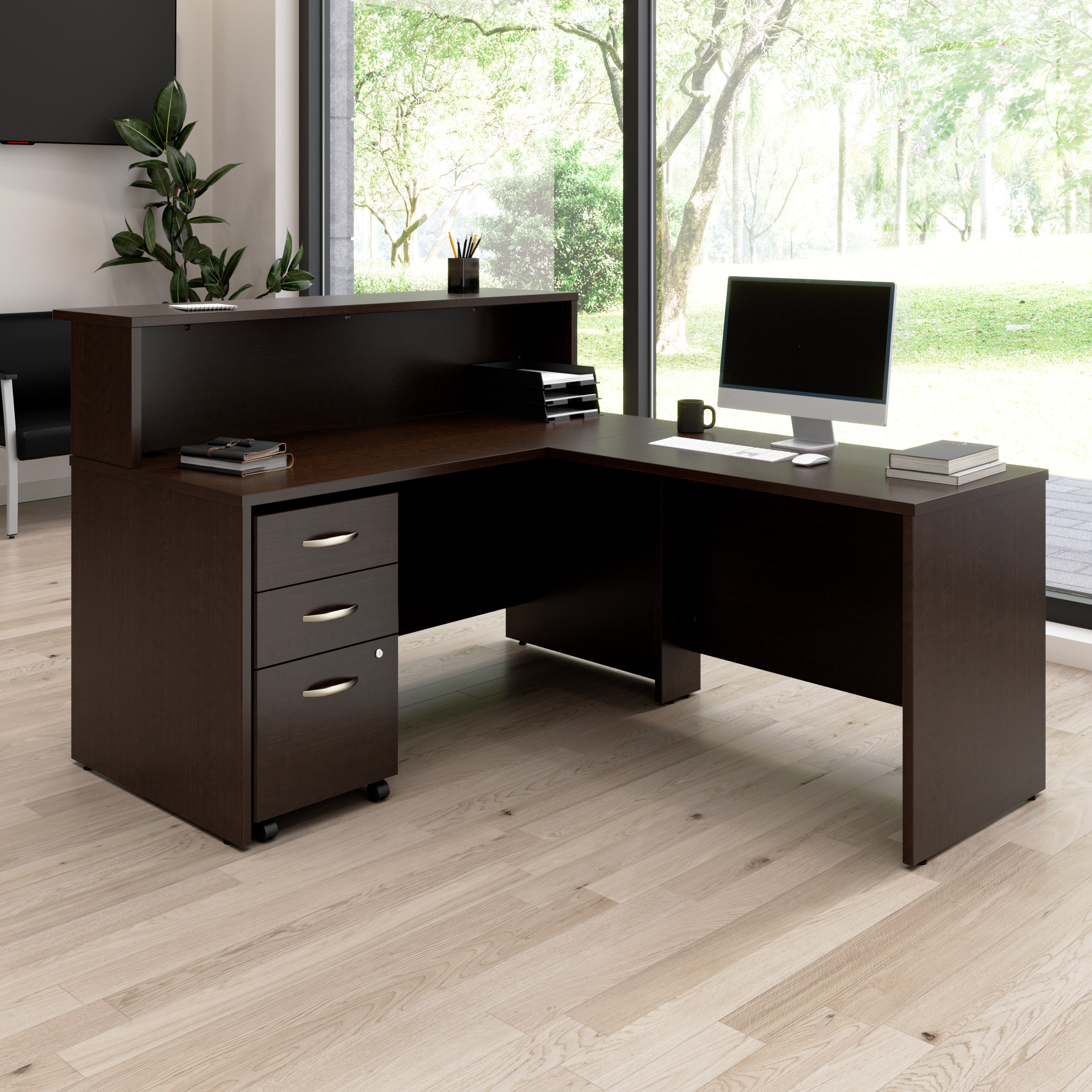 Bush Business Furniture Arrive 60W x 72D L Shaped Reception Desk with Shelf and Mobile File Cabinet in Mocha Cherry - 59.45" Width x 71.02" Depth x 43.71" Height