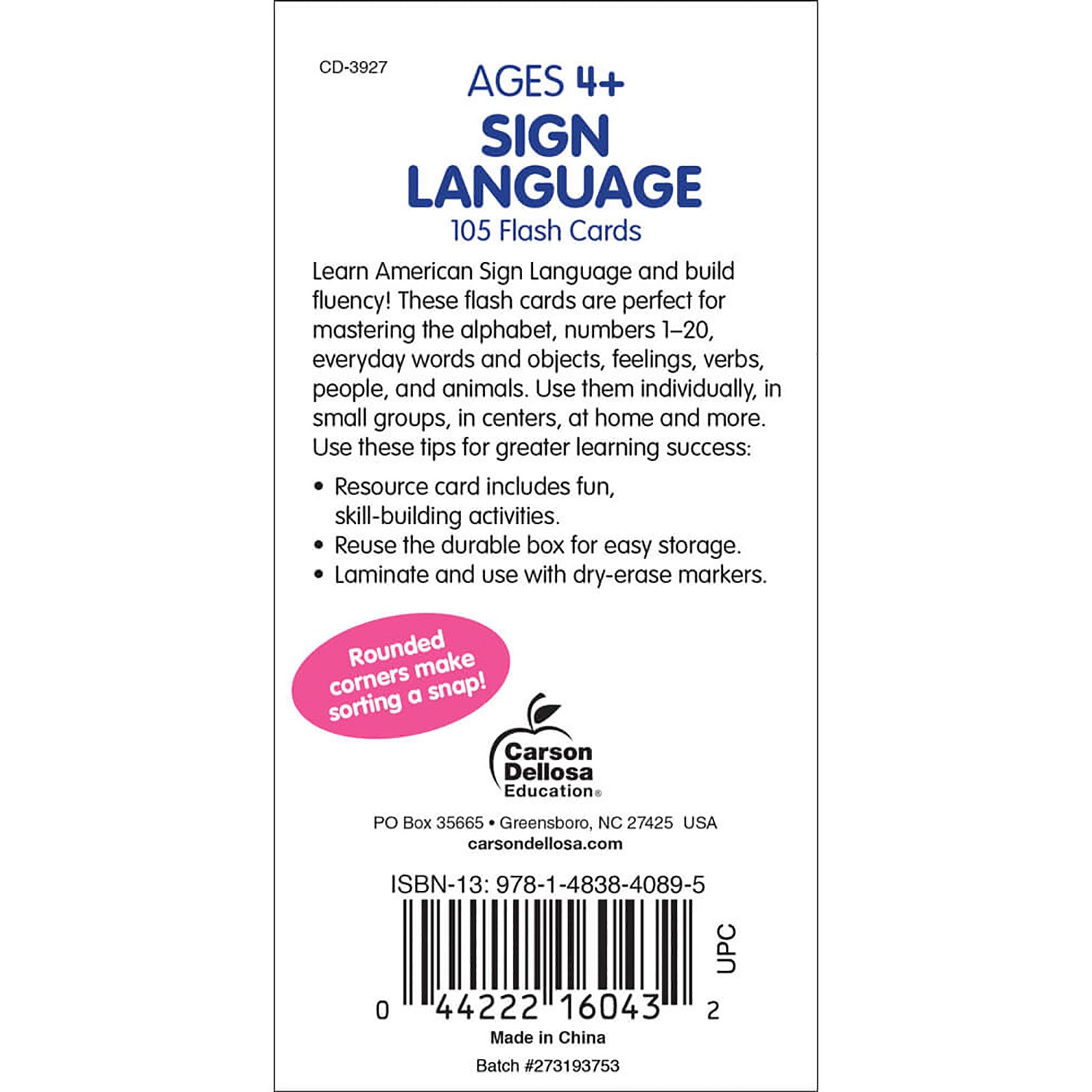 Sign Language Flash Cards, Grade PK-8
