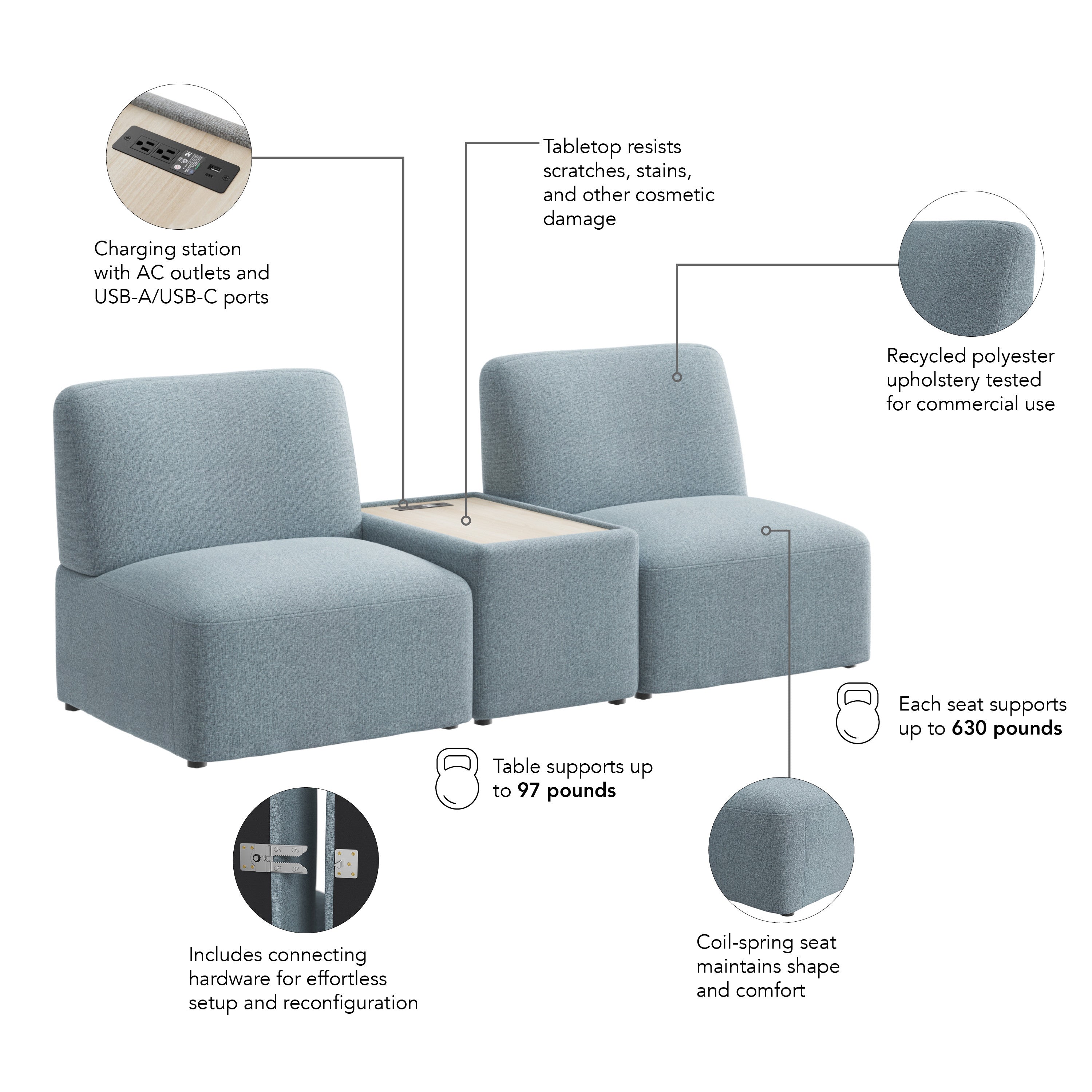 Bush Business Furniture Assemble Modular 2 Seater Sectional with Charging Station in Mist Fabric - 79.92" Width x 30.51" Depth x 29.92" Height