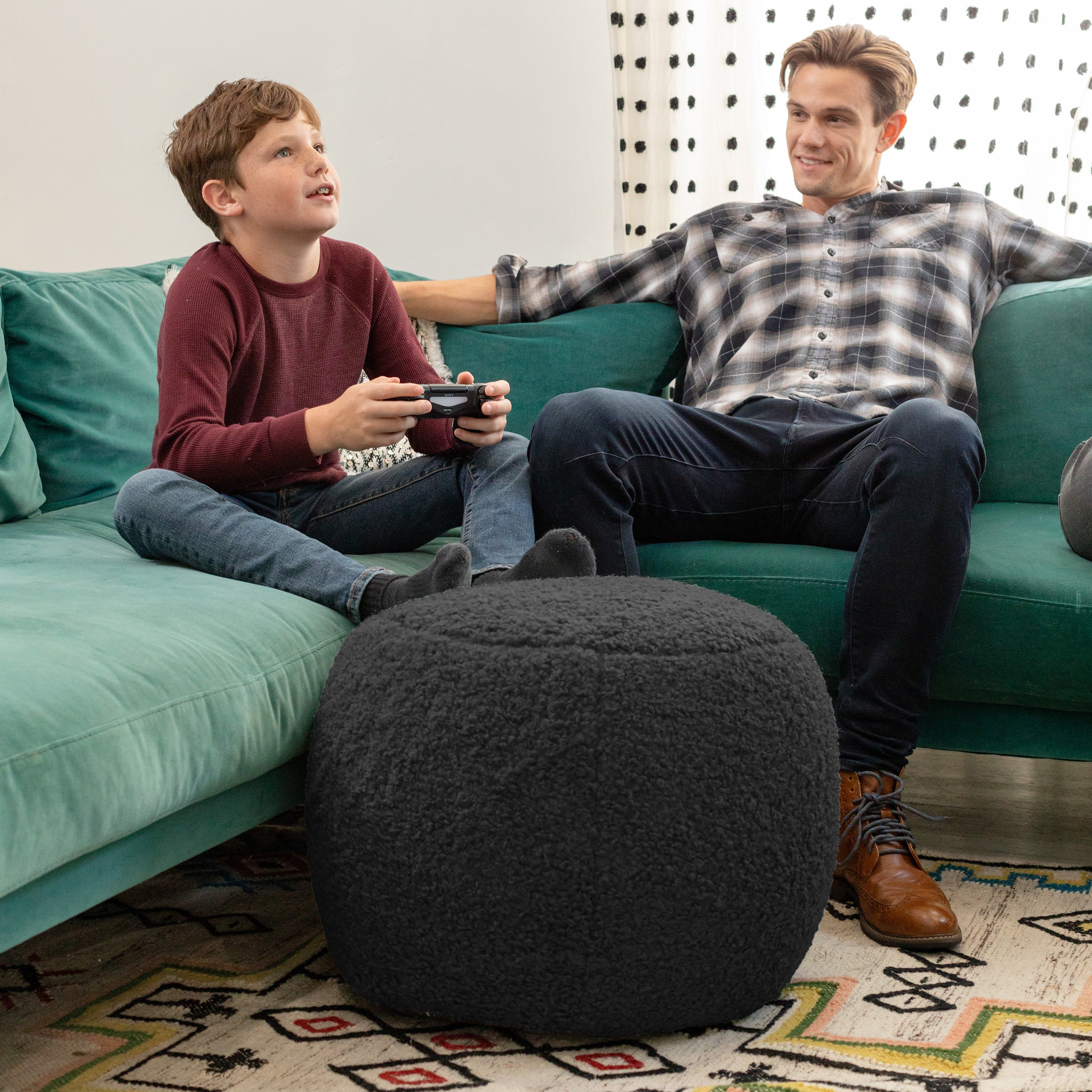 Jaxx Ellis Ottoman Shearling Faux-Lamb Plush Pouf for Modern Interior Design, Small, Black