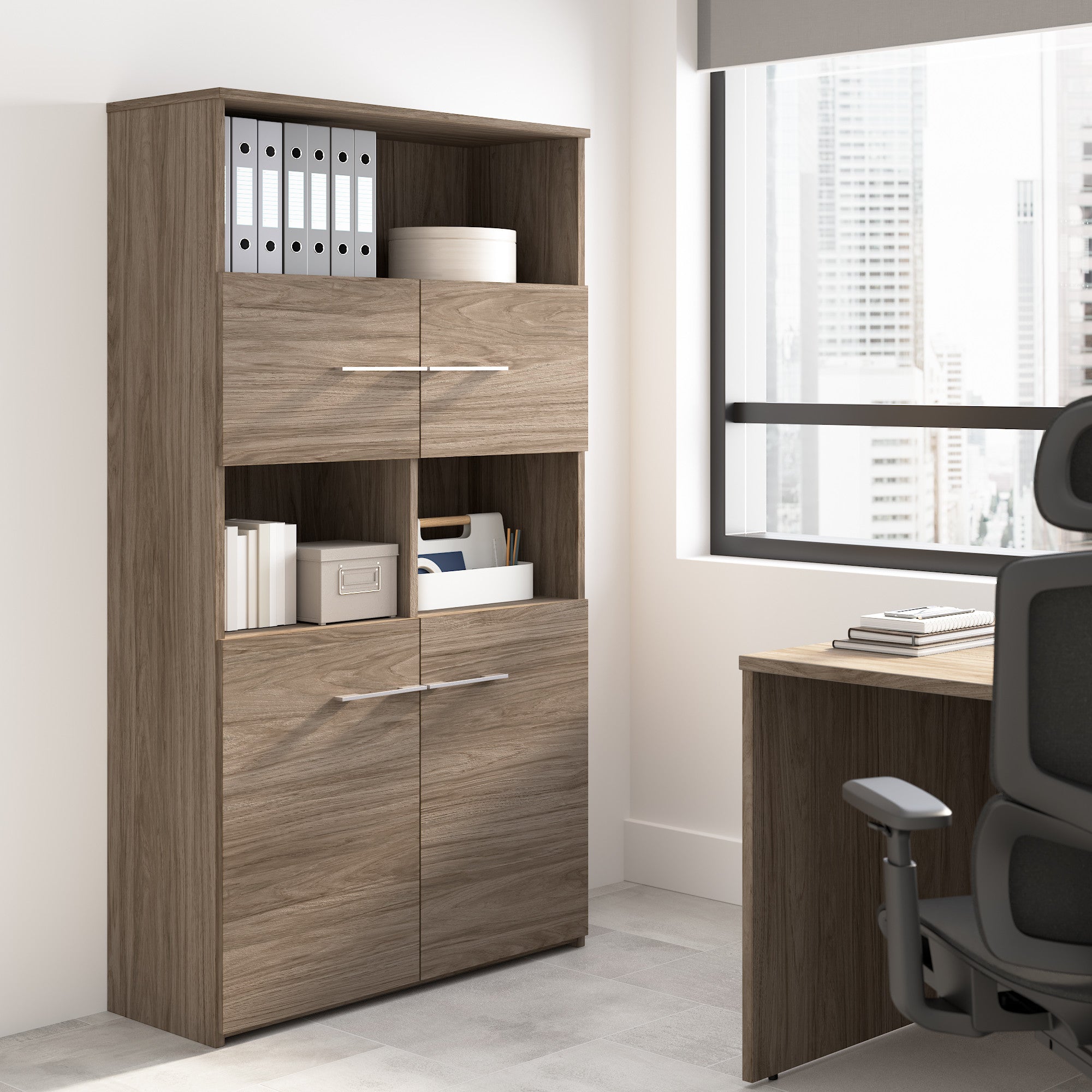 Bush Business Furniture Office 500 5 Shelf Bookcase with Doors in Modern Hickory - 35.67" Width x 15.35" Depth x 70.08" Height