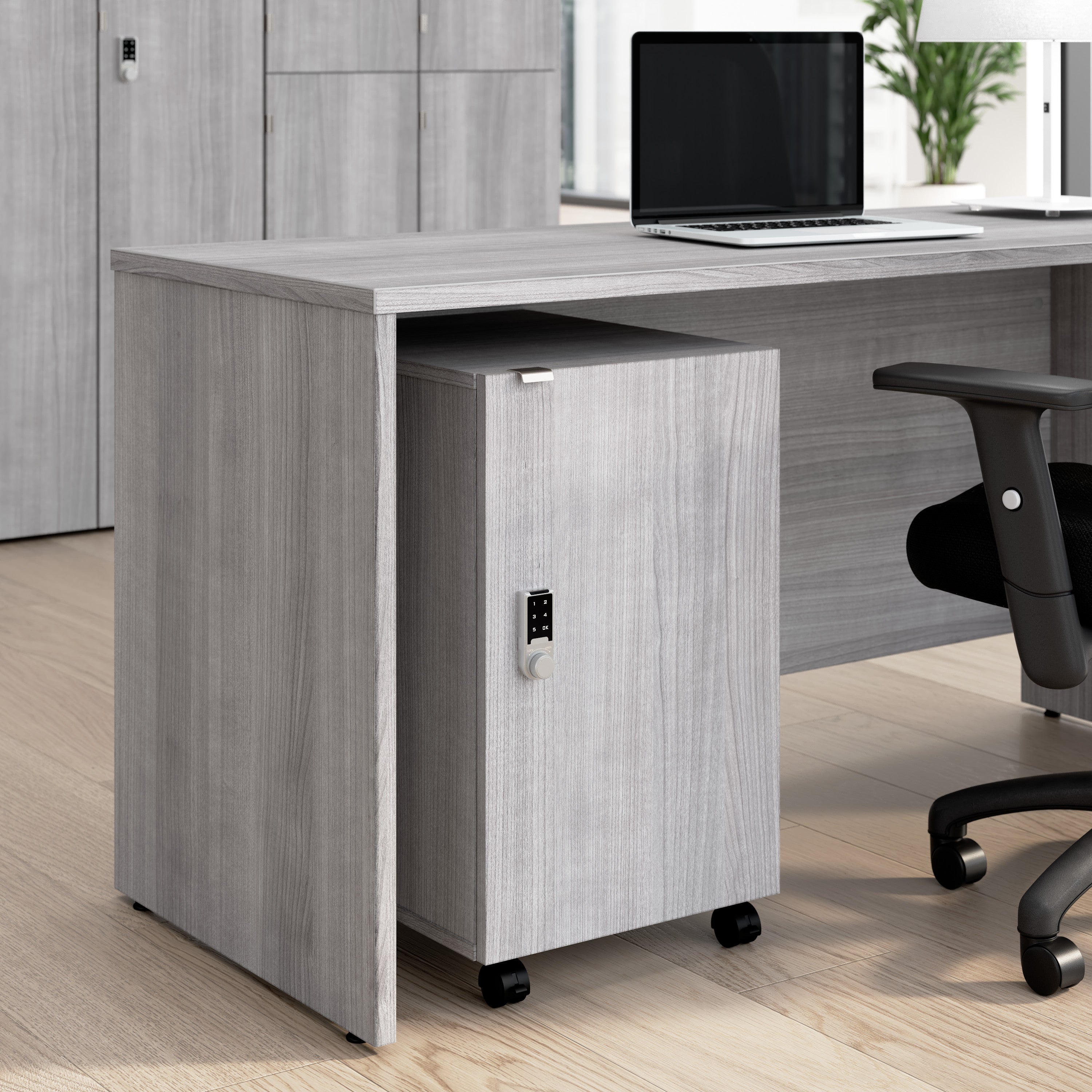 Bush Business Furniture Assure Mobile File Cabinet with Drawer, Door, and Keypad Lock in Platinum Gray - 15.65" Width x 20.24" Depth x 25.91" Height