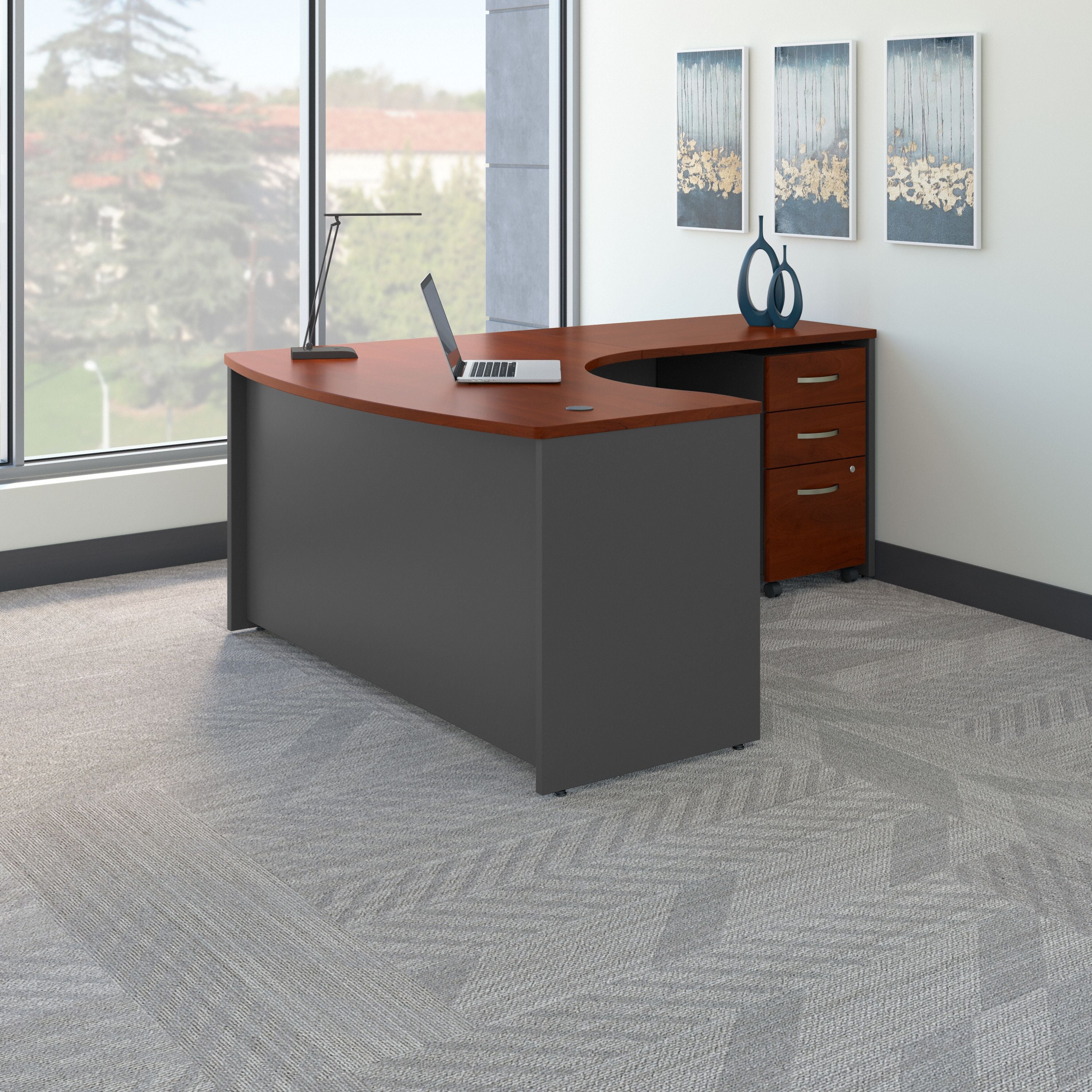 Bush Business Furniture Series C Right Handed L Shaped Desk with Mobile File Cabinet in Hansen Cherry - 58.86" Width x 78.3" Depth x 29.84" Height