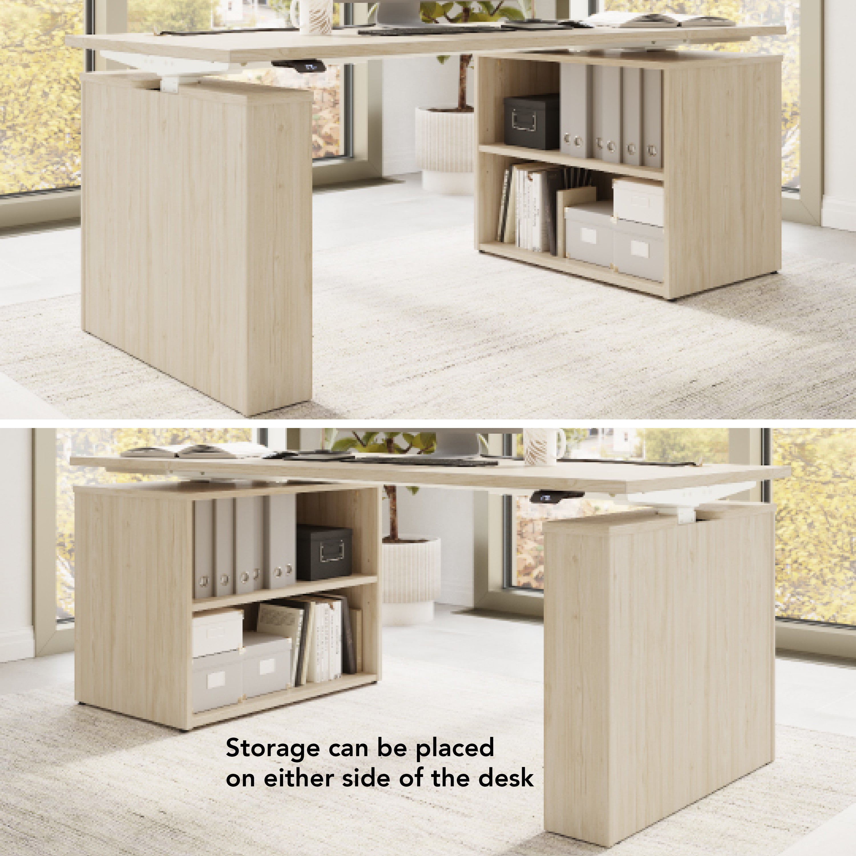 Bush Business Furniture Stratus&nbsp;72W x&nbsp;30D Electric Height Adjustable Standing Desk with Bookcase in Natural Elm with White Base - 71.02" Width x 29.37" Depth x 27.44" Height