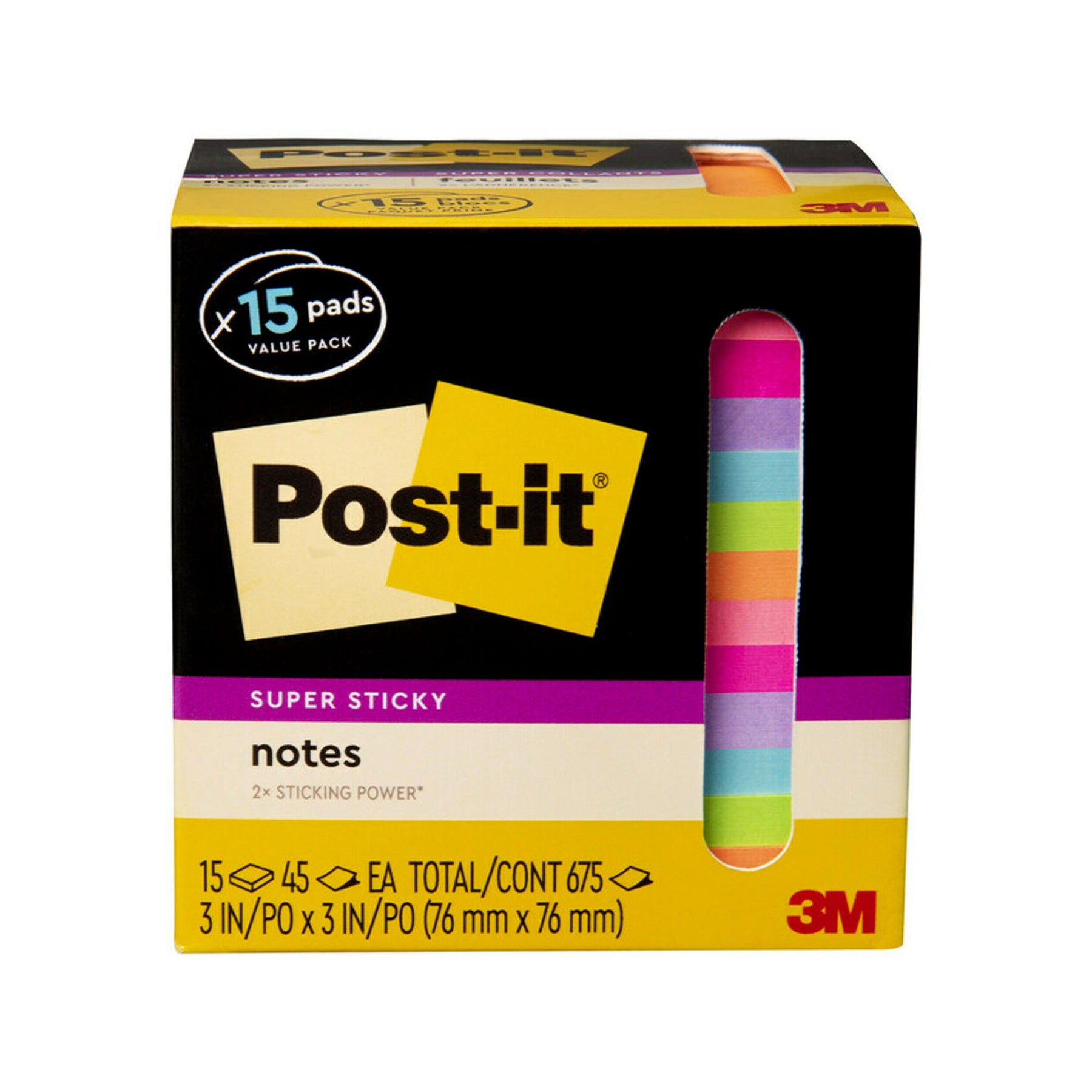 Super Sticky Notes, 3 in. x 3 in., Assorted Bright Colors, 45 Sheets/Pad, 15 Pads/Pack