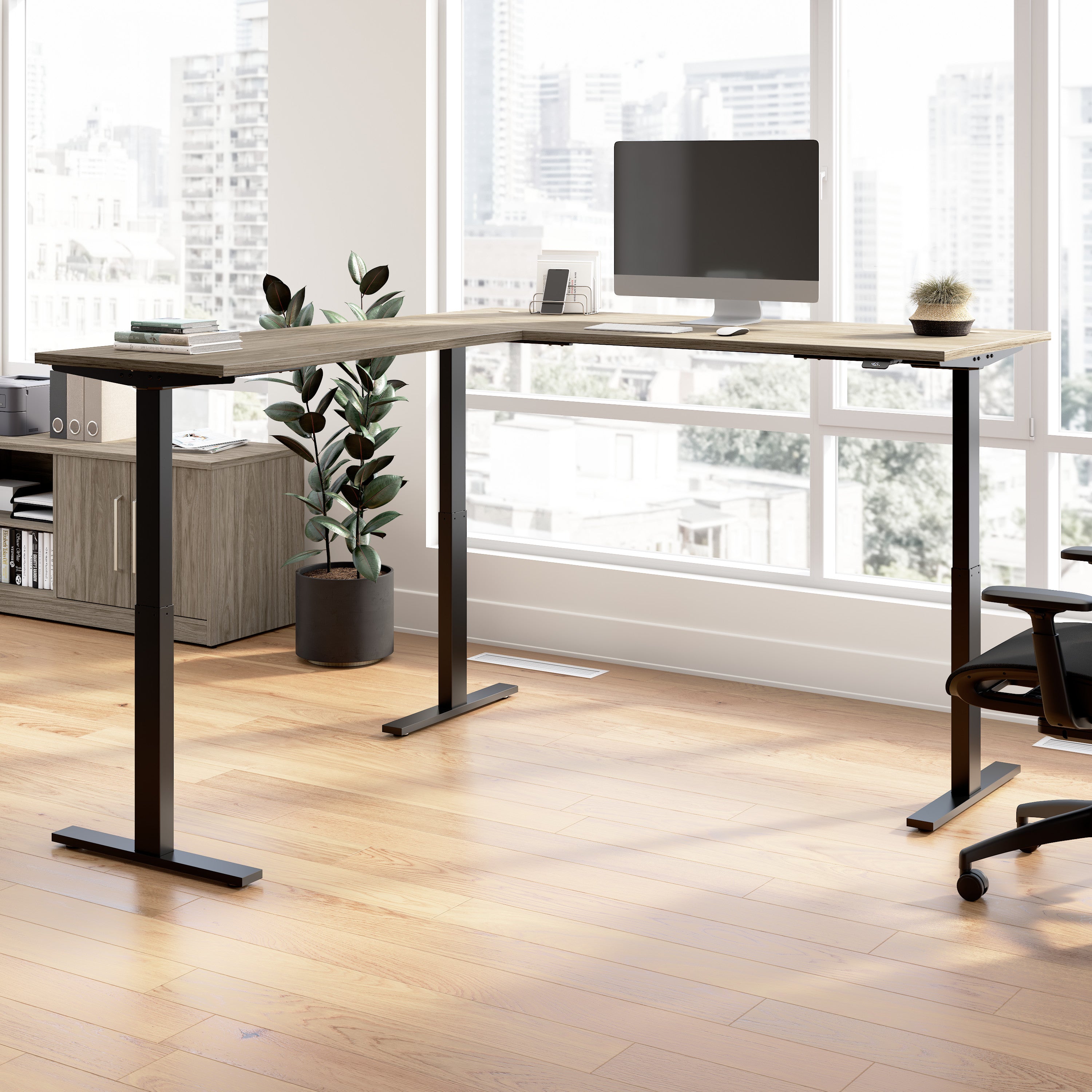 Bush Business Furniture Move 60 Series 72W Height Adjustable L Shaped Standing Desk in Modern Hickory with Black Base - 71.02" Width x 76.97" Depth x 27.44" Height