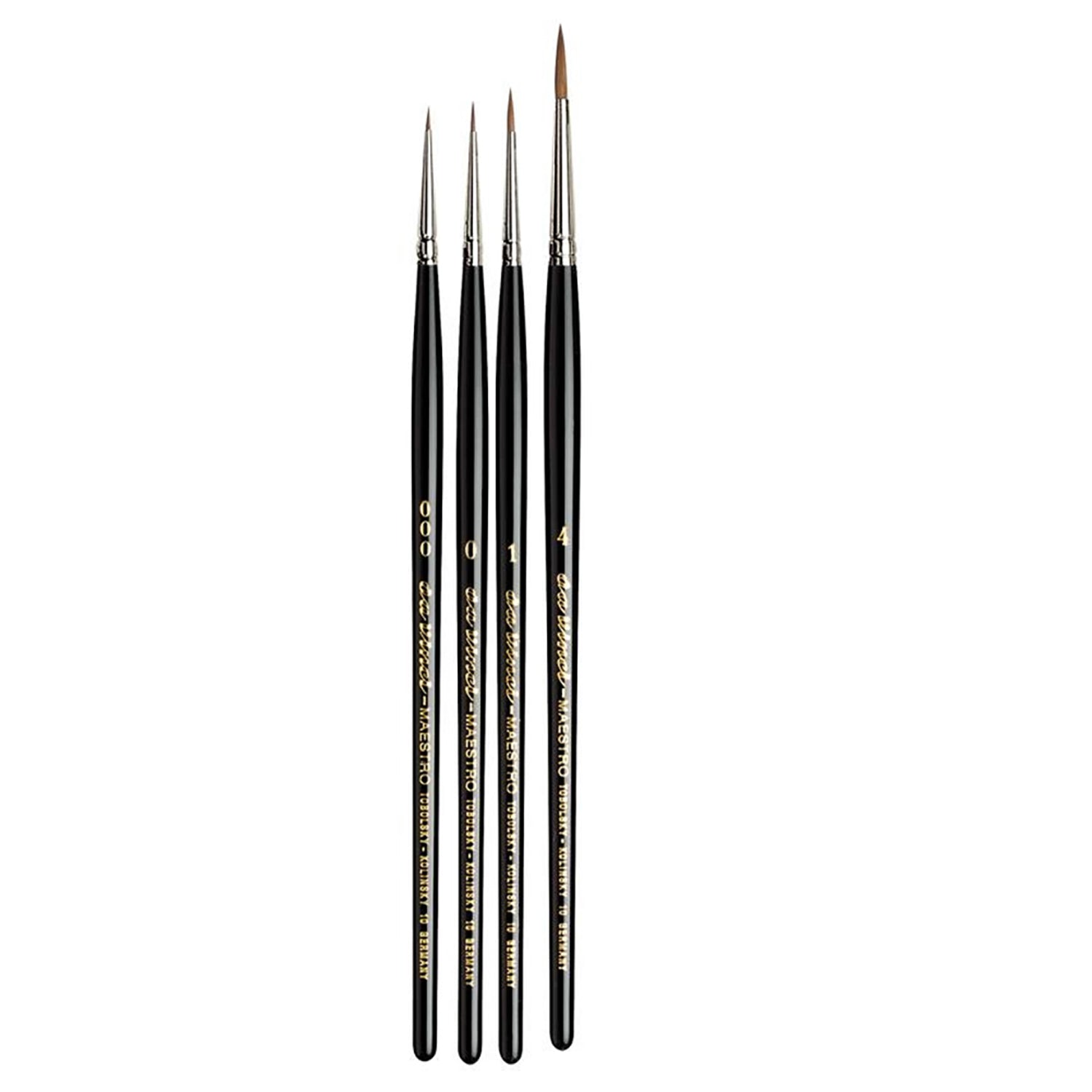 MAESTRO Miniature Brushes, Natural Kolinsky Red Sable, Acrylic, Needle Tip, Assorted, 4 Brush Set
