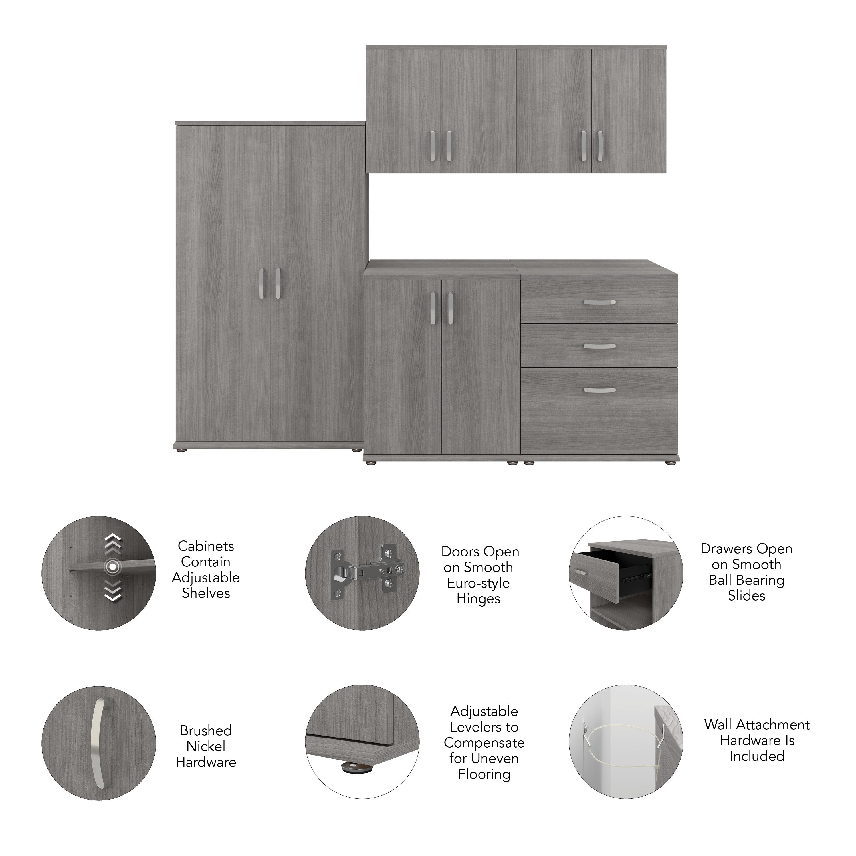 Bush Business Furniture Universal 92W 5 Piece Modular Storage Set with Floor and Wall Cabinets in Platinum Gray - 82.41" Width x 24.69" Depth x 61.81" Height