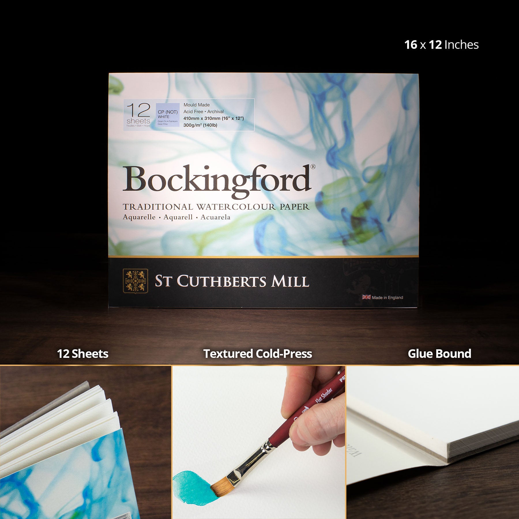 Bockingford Watercolor Pad, Cold Pressed, Glue Binding, 140lb/300gsm, 12 Sheet, 10x14 inch, 1 Count