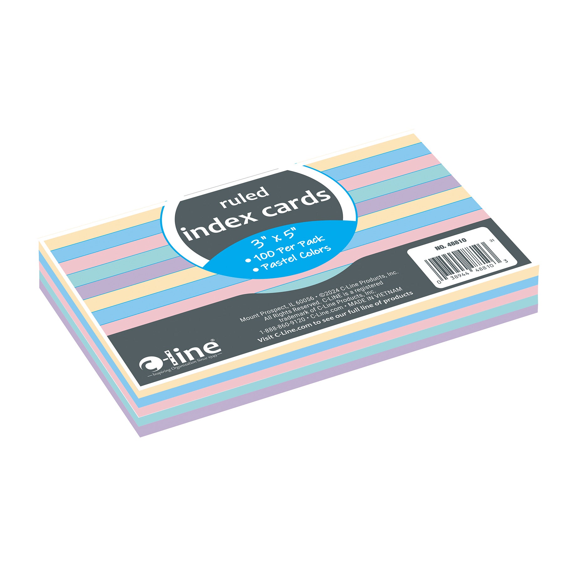 Index Cards, 3" x 5", Assorted Colors, Ruled, Pack of 100