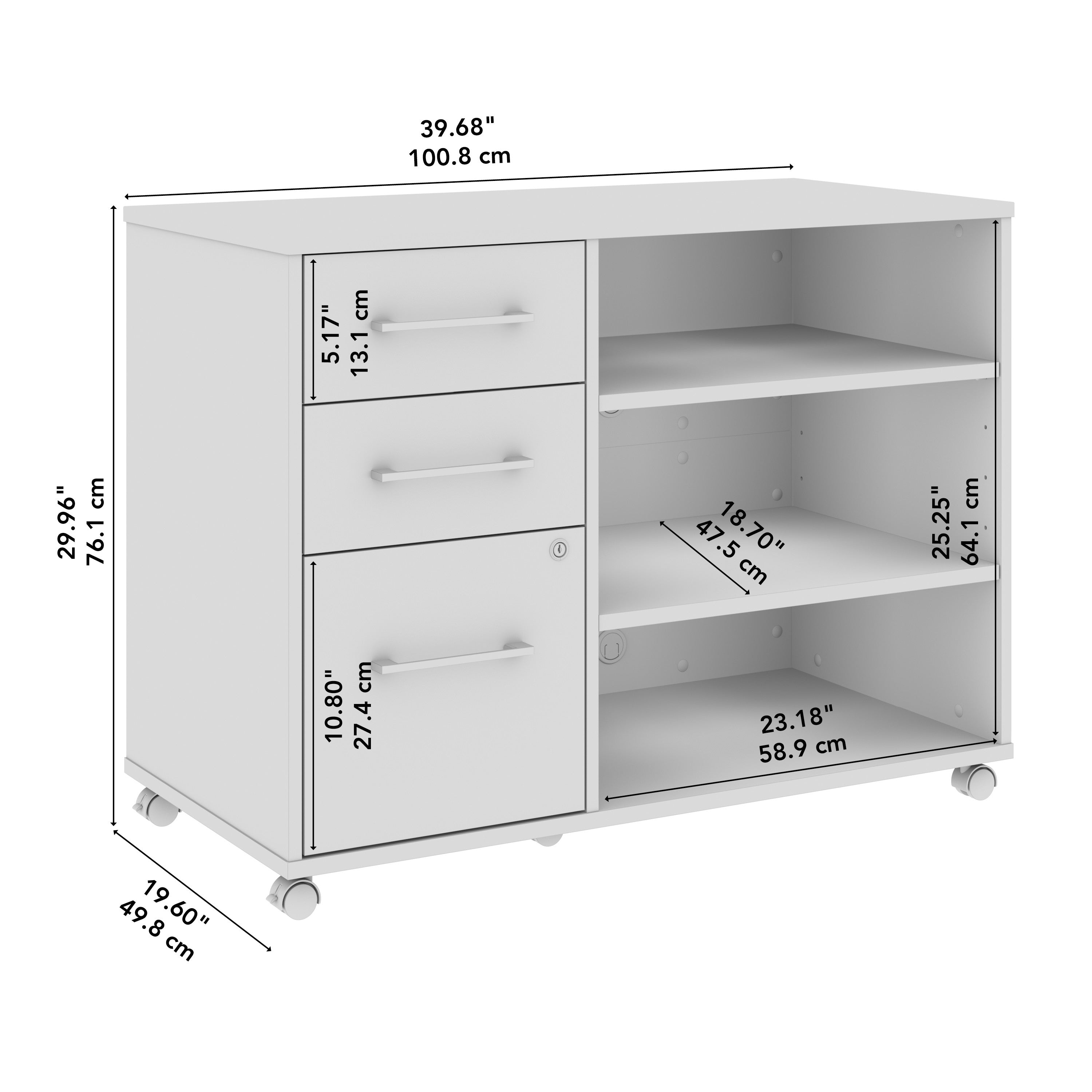 Bush Business Furniture Hustle Rolling Storage Cabinet with Drawers and Shelves in Natural Elm - Assembled - 39.61" Width x 19.61" Depth x 29.96" Height