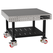 Welding Fixture Table, Fixed Height, 36"H x 48"L x 48"D, 1/4" Carbon Steel Top, Four Black Powdercoat Legs, Shelf, 4 Heavy Duty Suspension Casters (2 Locking/Swiveling Casters and 2 Non-Locking/Non-SwivelingCasters)