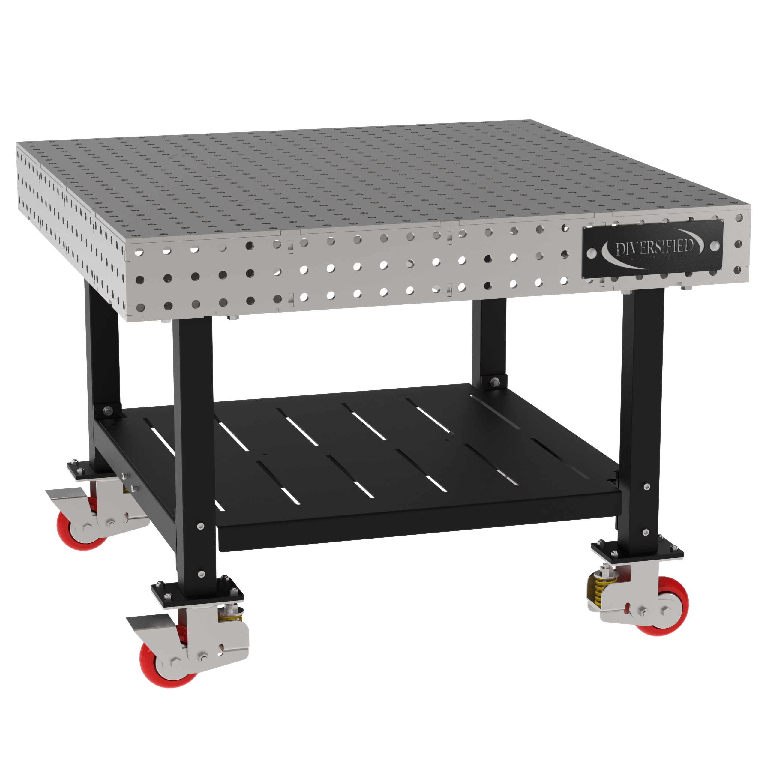 Welding Fixture Table, Fixed Height, 36"H x 48"L x 48"D, 1/4" Carbon Steel Top, Four Black Powdercoat Legs, Shelf, 4 Heavy Duty Suspension Casters (2 Locking/Swiveling Casters and 2 Non-Locking/Non-SwivelingCasters)