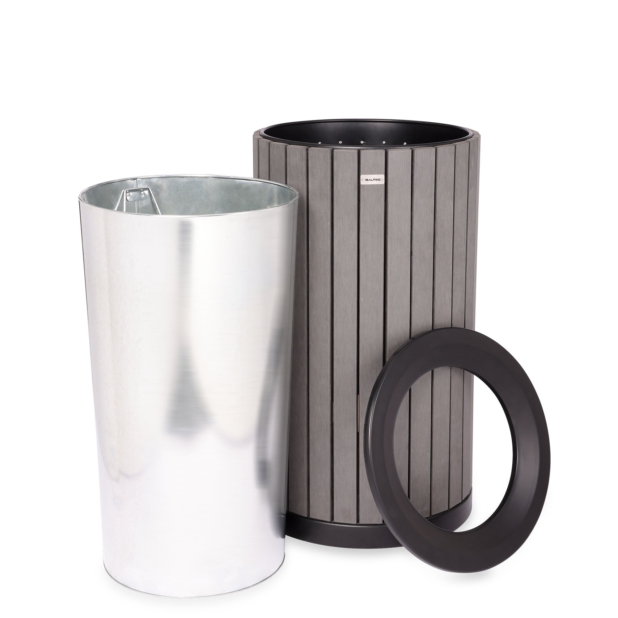 Round, 32-Gallon Outdoor Trash Container with Slatted Recycled Plastic Panels - Grey
