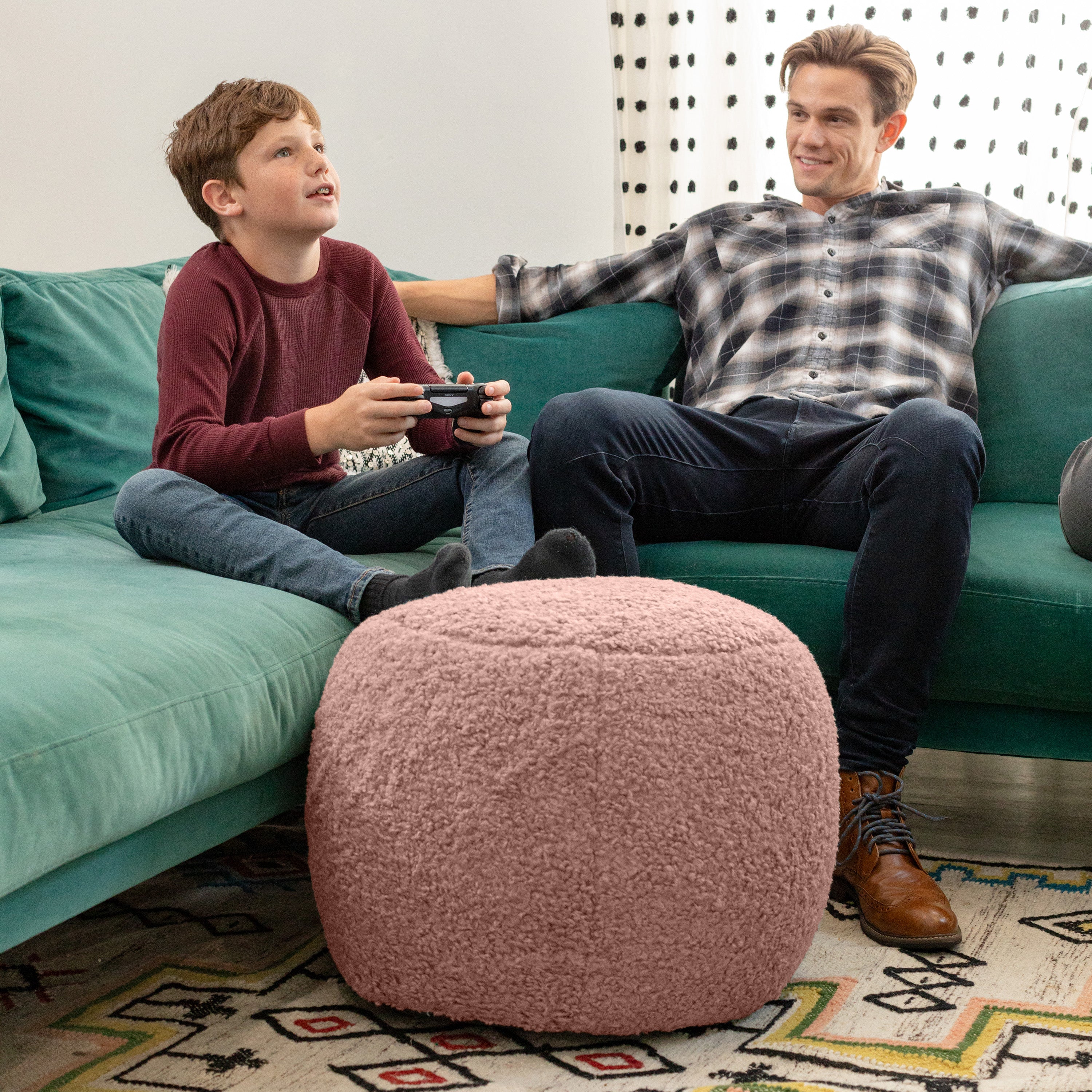 Jaxx Ellis Ottoman Shearling Faux-Lamb Plush Pouf for Modern Interior Design, Small, Pink