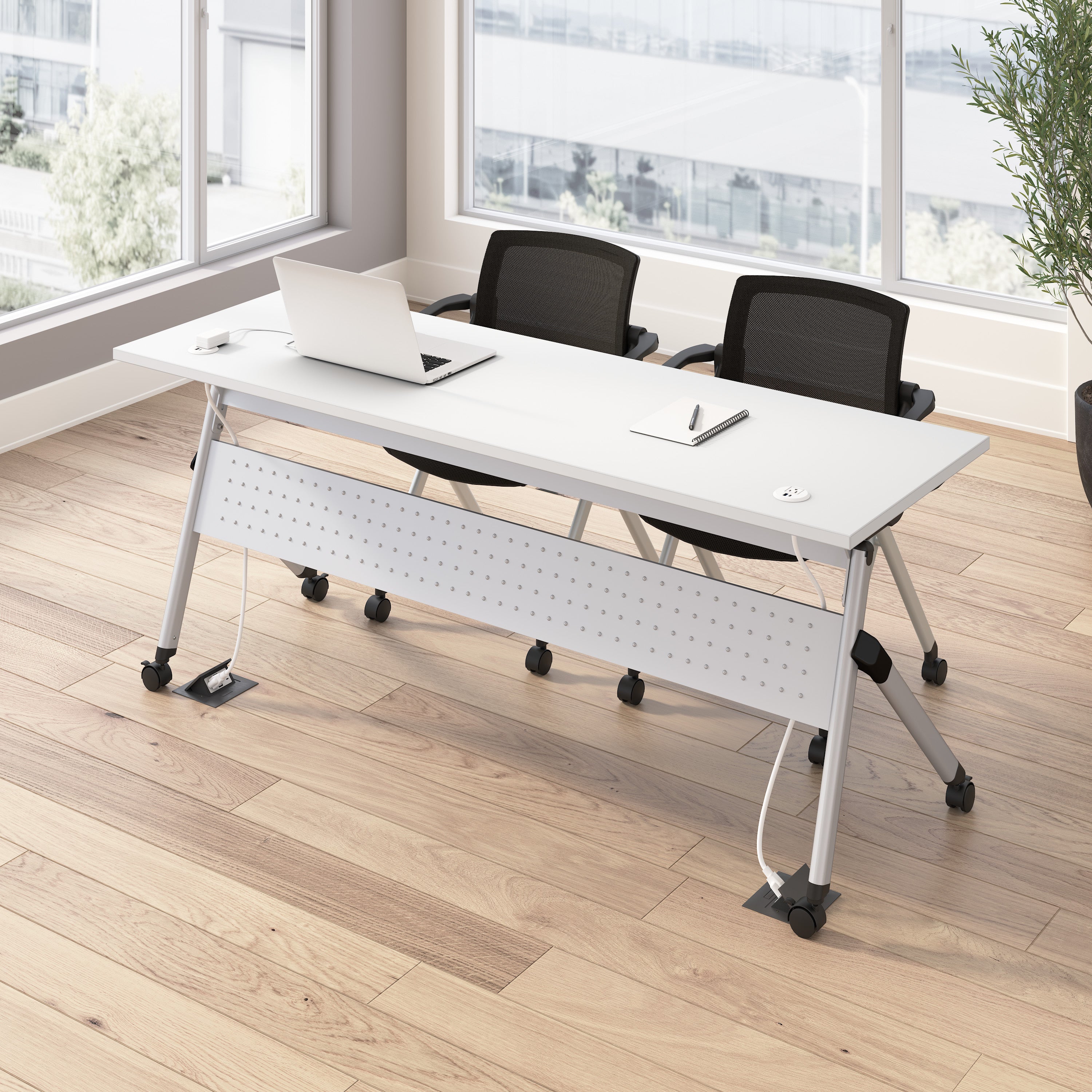 Bush Business Furniture Envision 72W Training Table with Powered Grommets and 2 Chairs with Arms in White - 71.02" Width x 23.54" Depth x 32.87" Height
