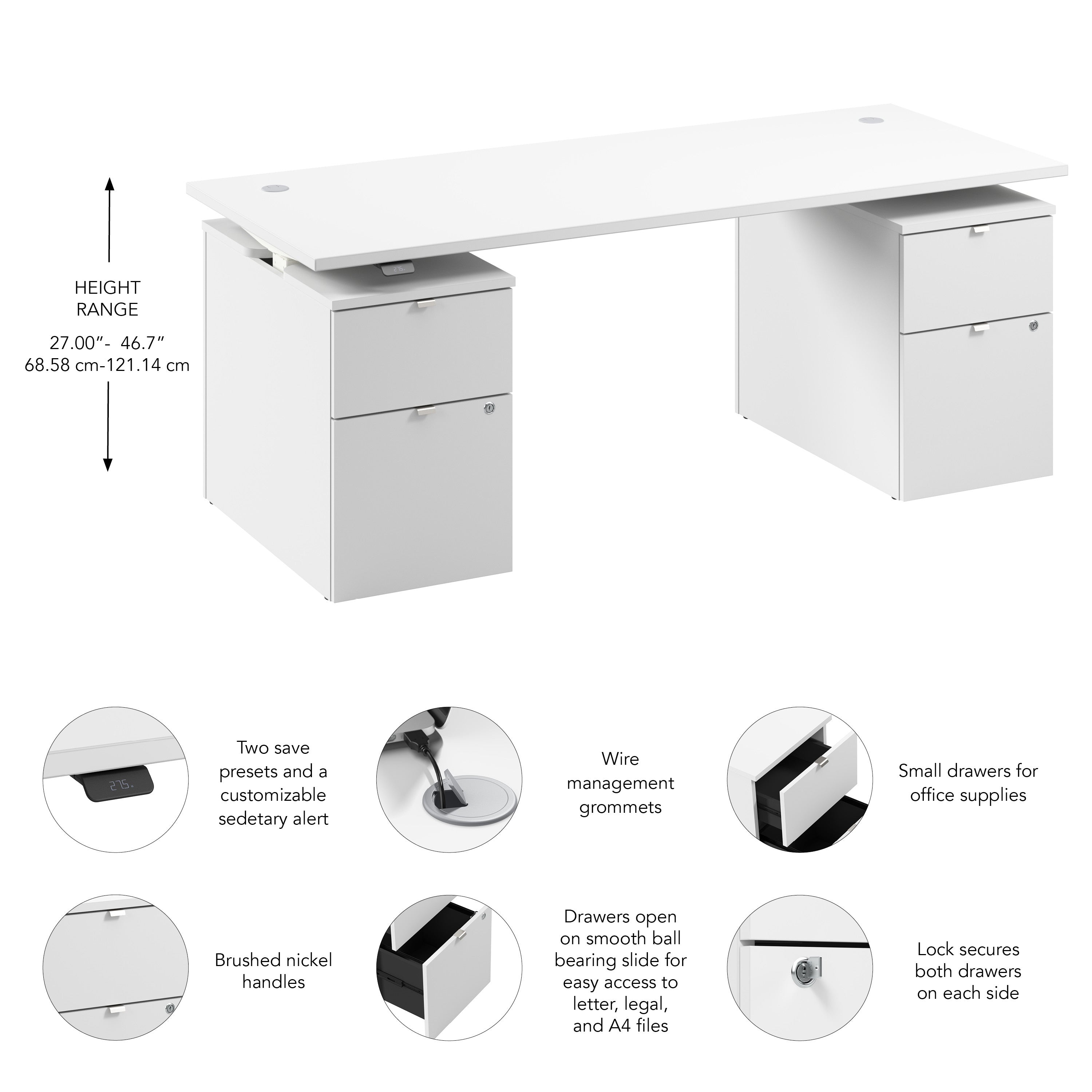 Bush Business Furniture Stratus&nbsp;72W x&nbsp;30D Electric Height Adjustable Standing Desk with Drawers in White with White Base - 71.02" Width x 29.37" Depth x 27.44" Height