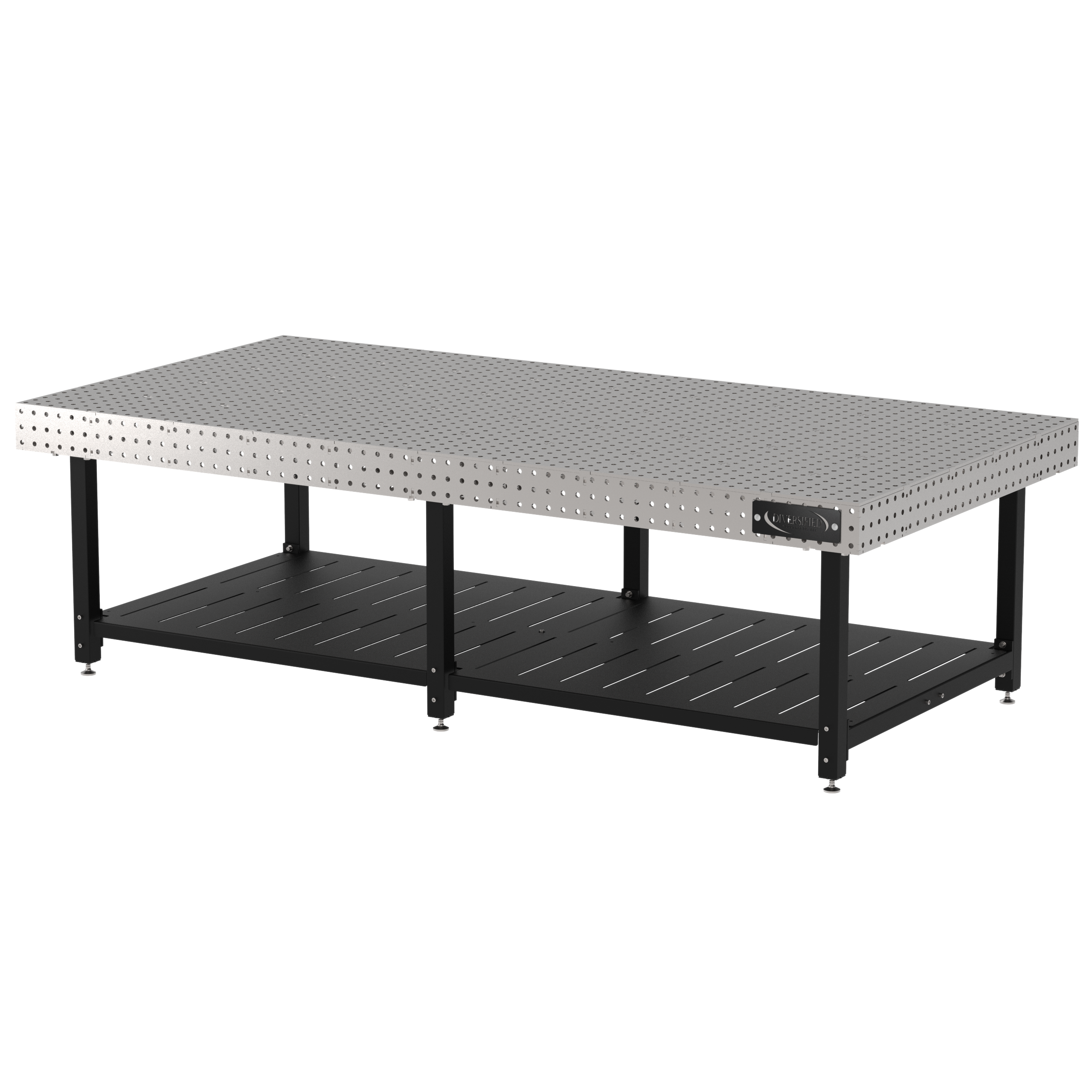 Welding Fixture Table, Fixed Height, 36"H x 120"L x 60"D, 1/4" Carbon Steel Top, Six Black Powdercoat Legs, Shelf, Self-Leveling Feet