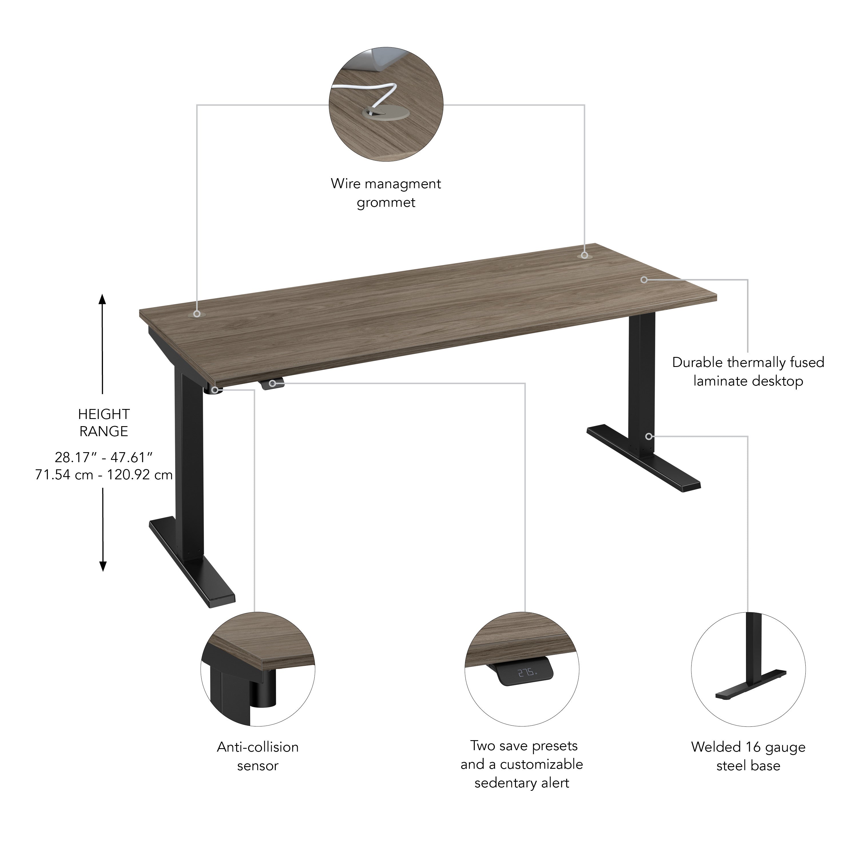 Bush Business Furniture Move 40 Series 72W x 30D Electric Height Adjustable Standing Desk in Modern Hickory with Black Base - 71.02" Width x 29.37" Depth x 28.17" Height