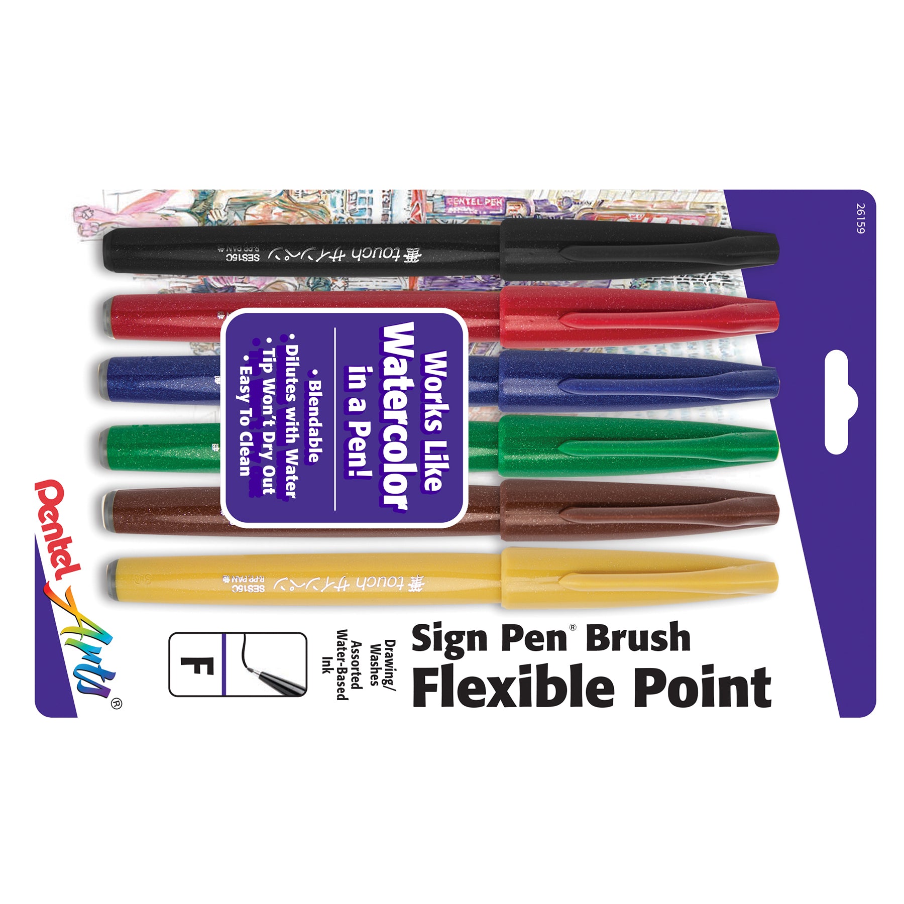 Sign Pen Brush Tip, Assorted Colors, 6-Pack